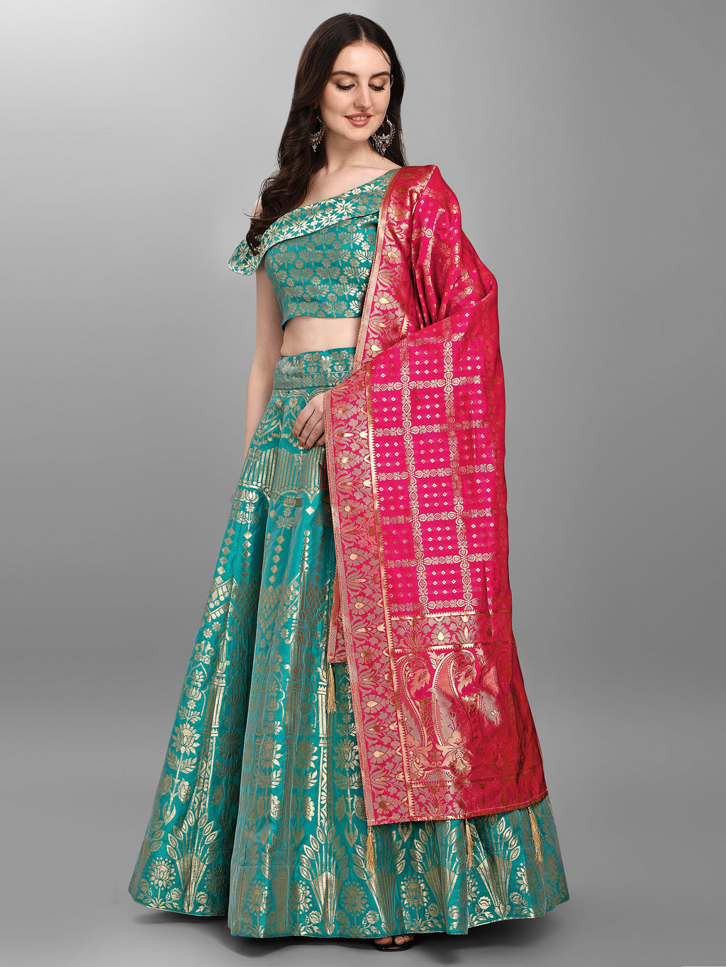 Women Sea Green Jacquard Lehenga
