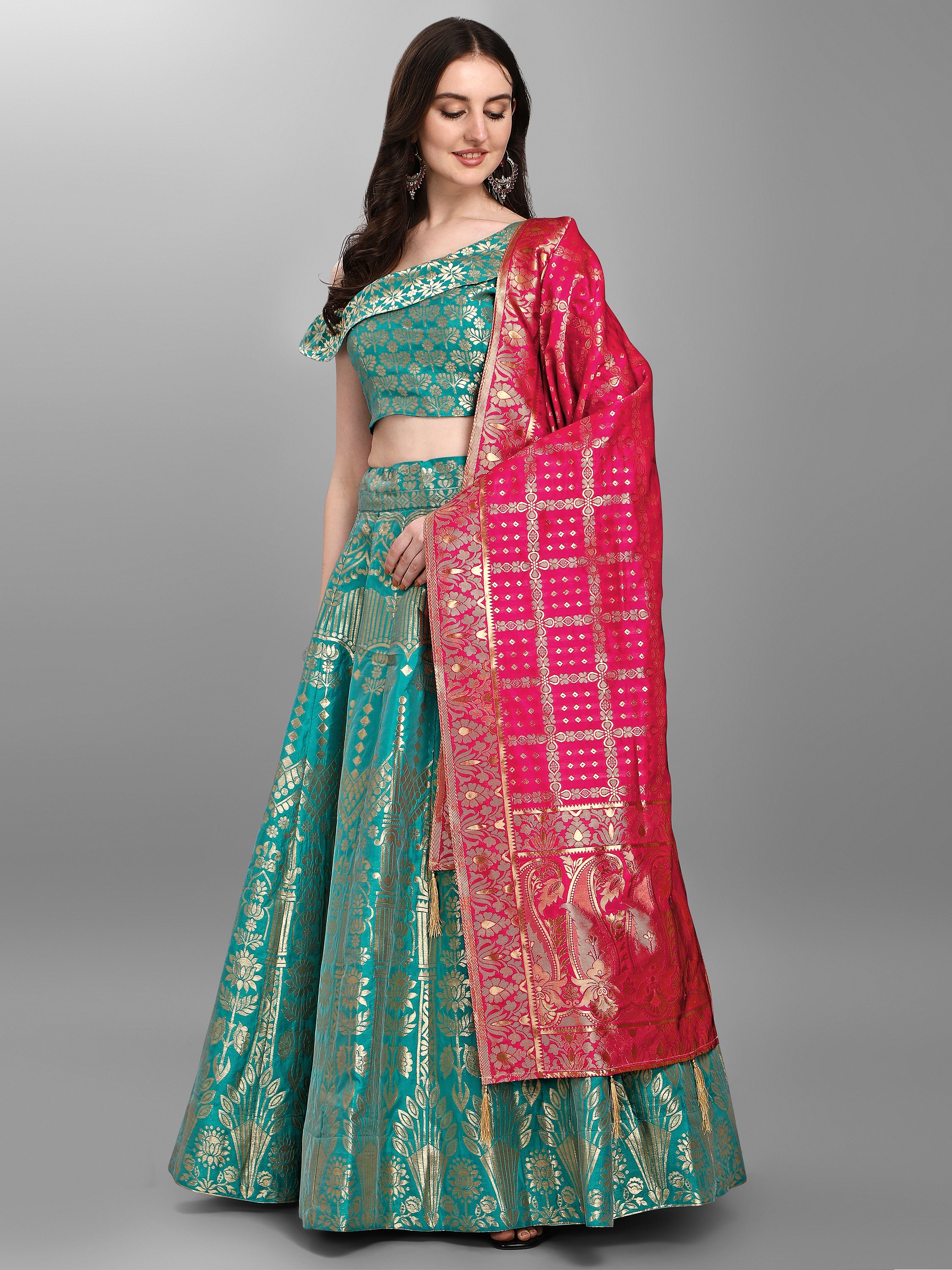 Women Sea Green Jacquard Lehenga