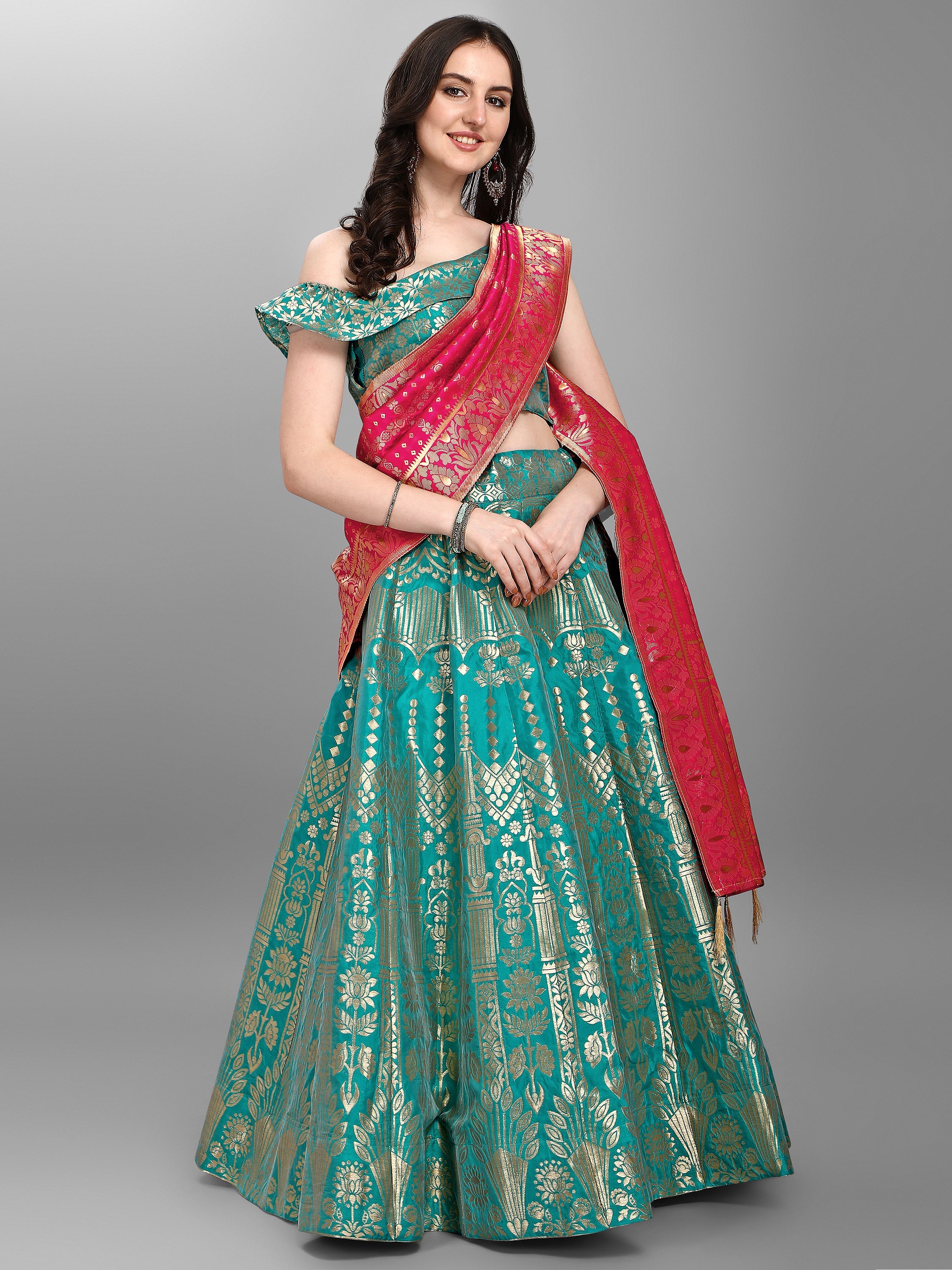 Women Sea Green Jacquard Lehenga