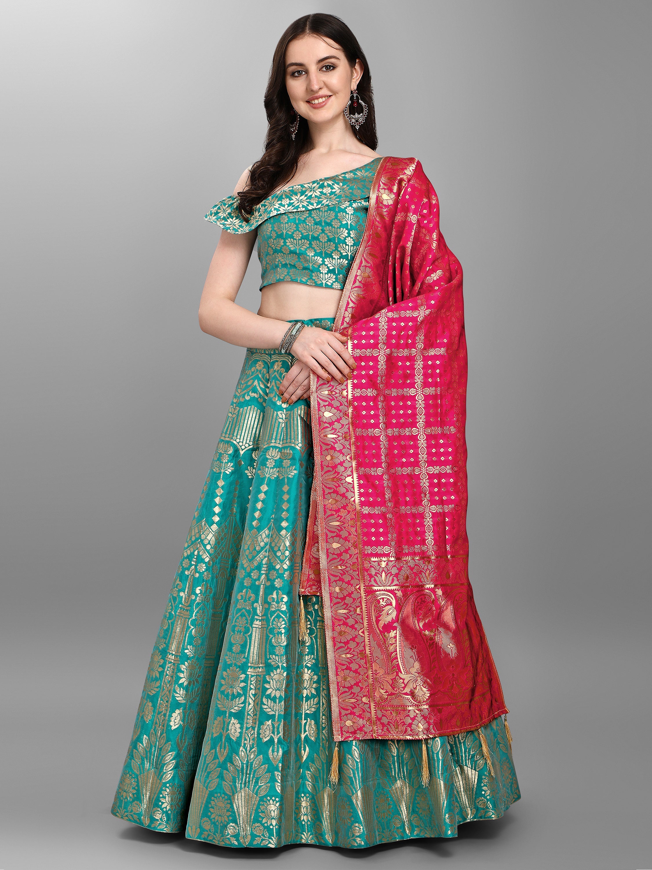 Women Sea Green Jacquard Lehenga