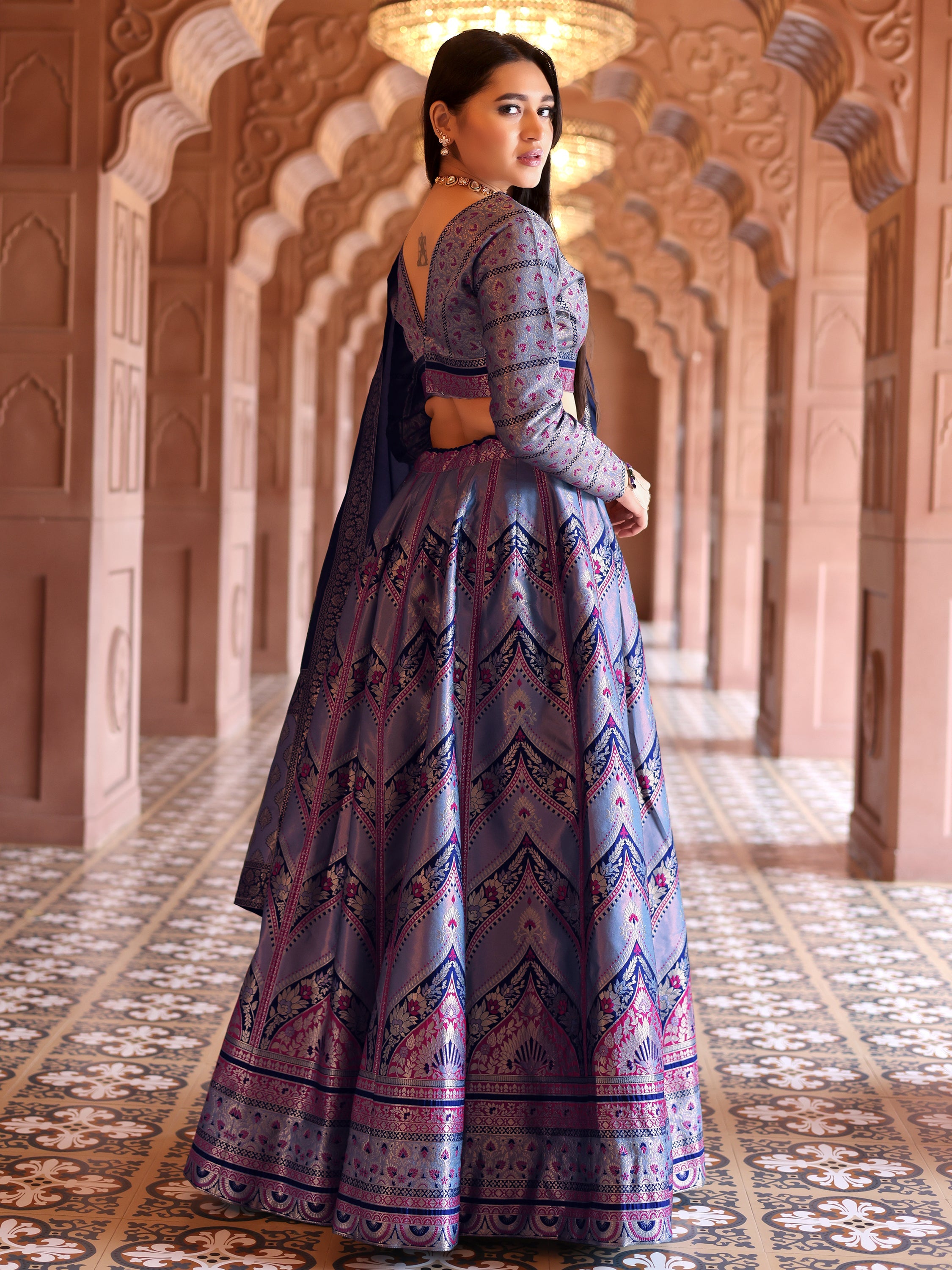 Double-Shaded Blue Lehenga Choli With Zari Woven Motifs