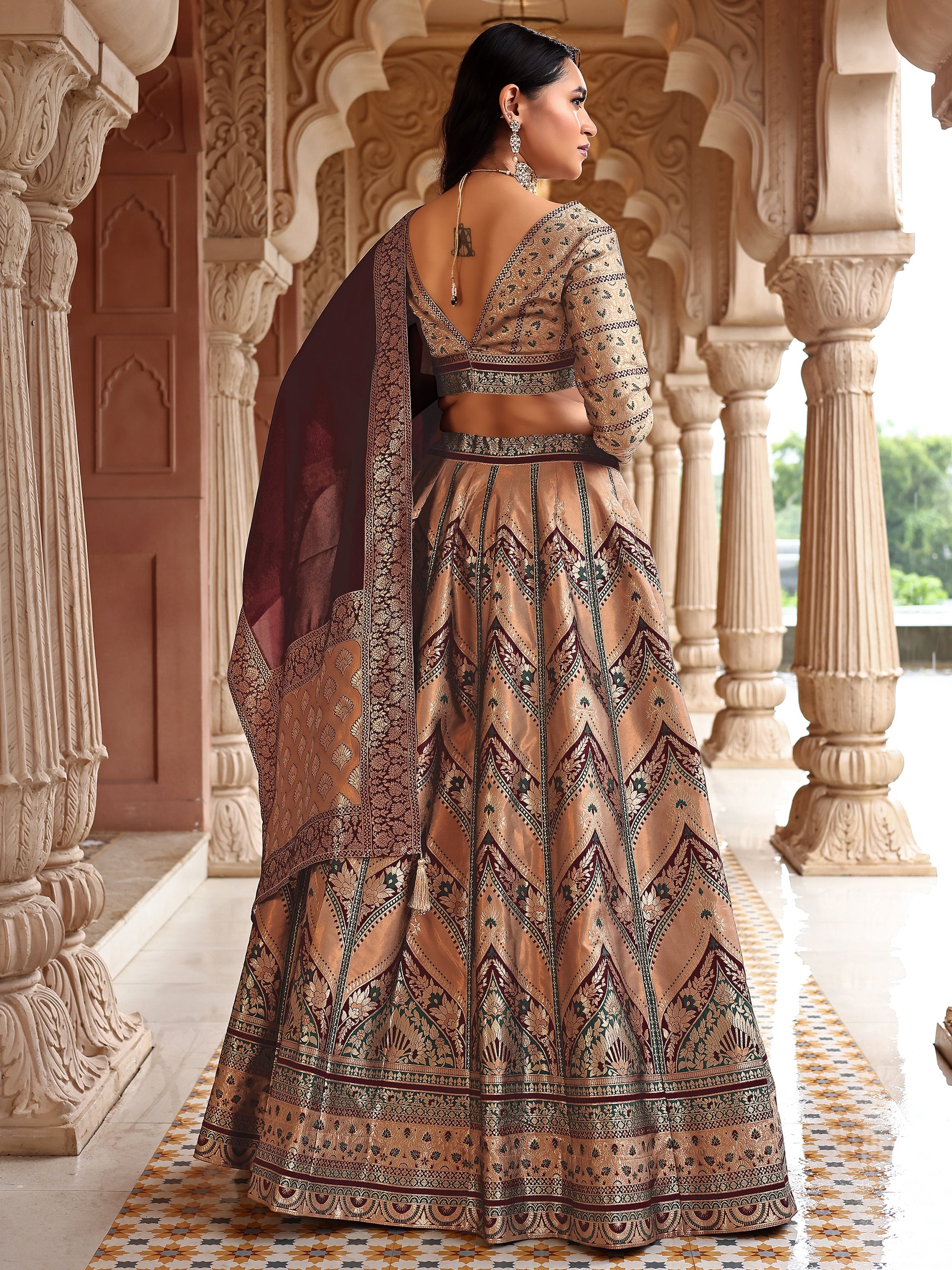 Double-Shaded Golden Lehenga Choli With Zari Woven Motifs