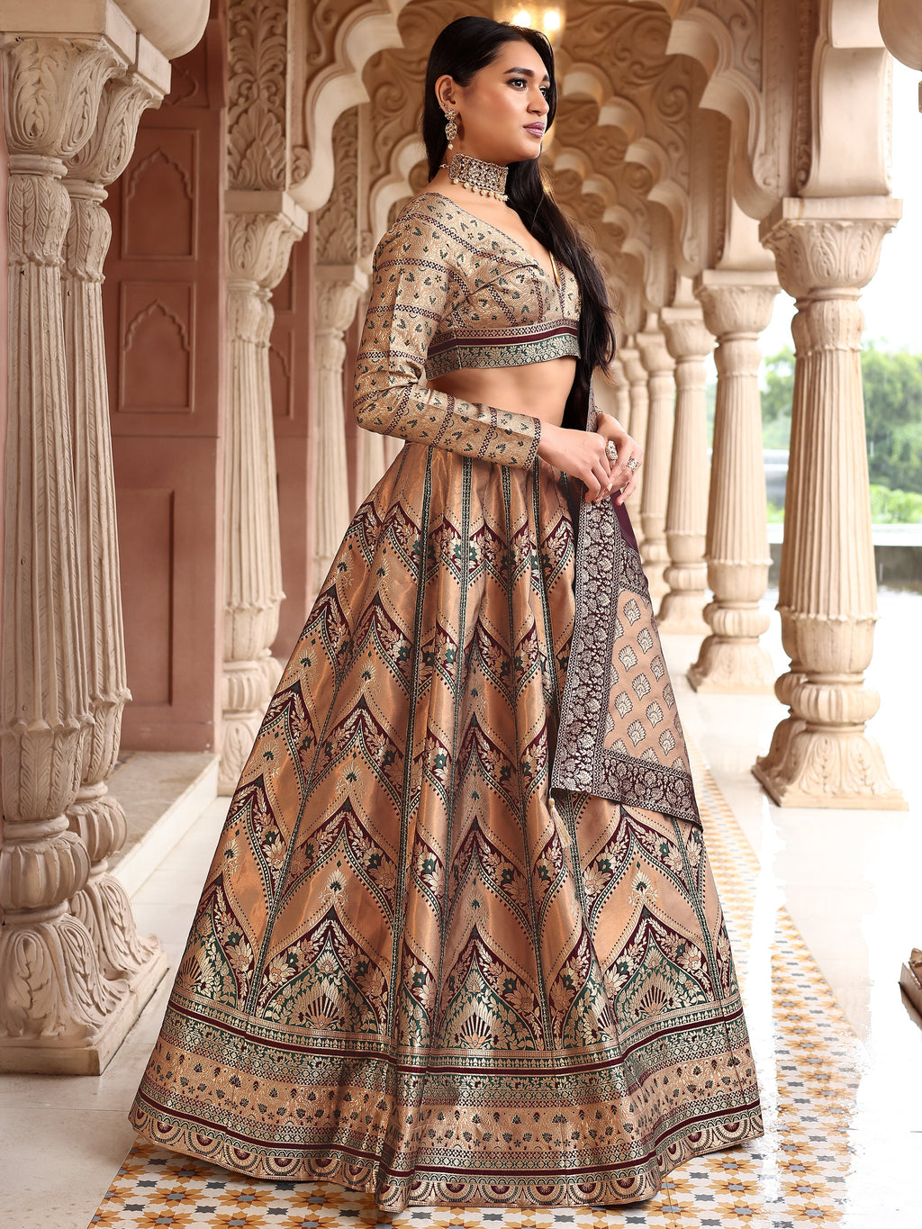 Double-Shaded Golden Lehenga Choli With Zari Woven Motifs