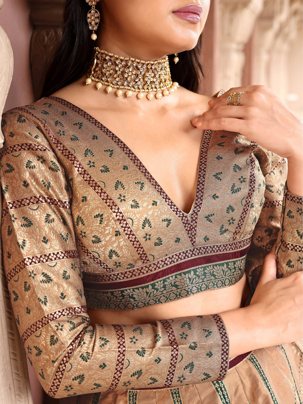 Double-Shaded Golden Lehenga Choli With Zari Woven Motifs