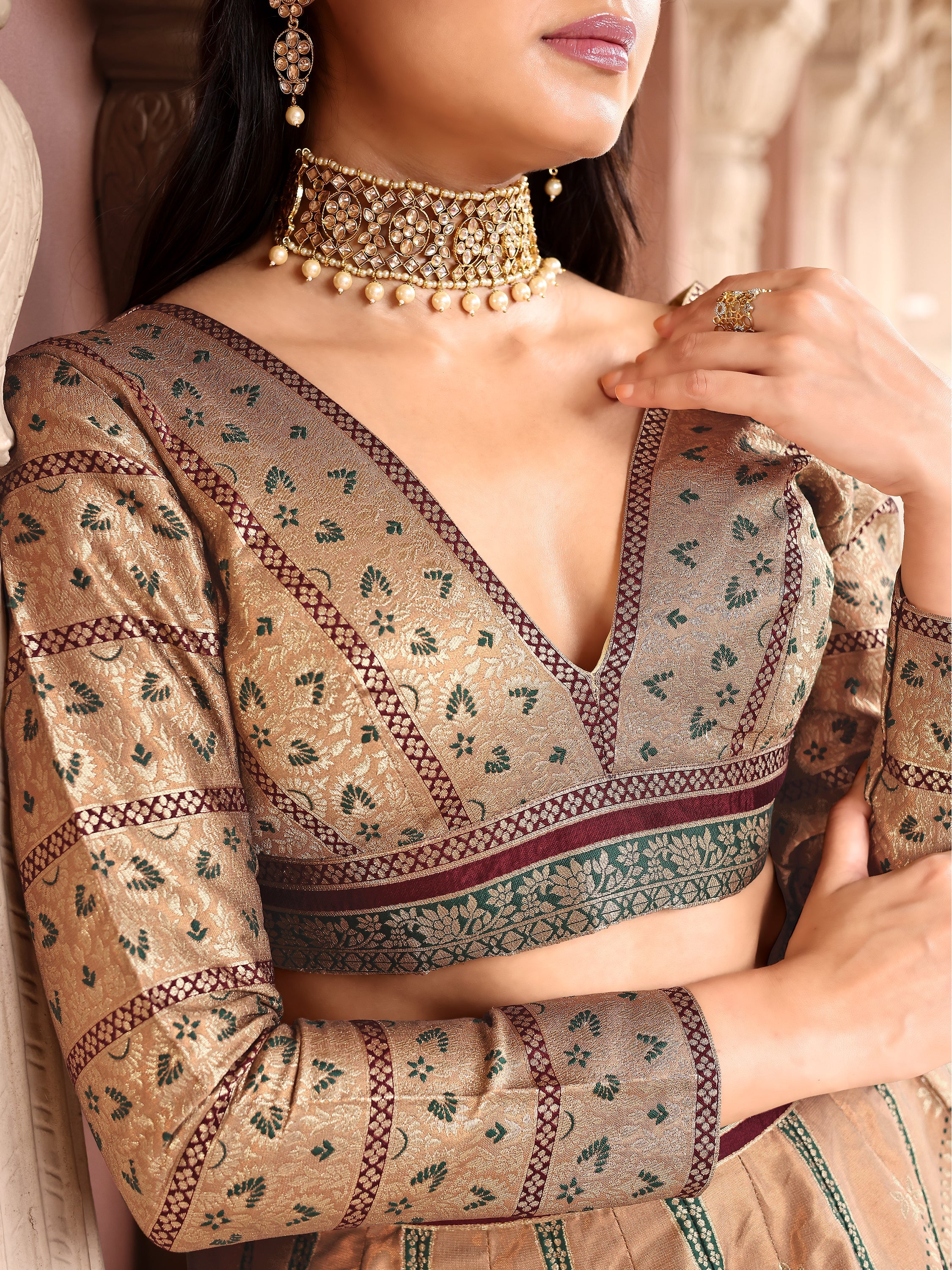 Double-Shaded Golden Lehenga Choli With Zari Woven Motifs