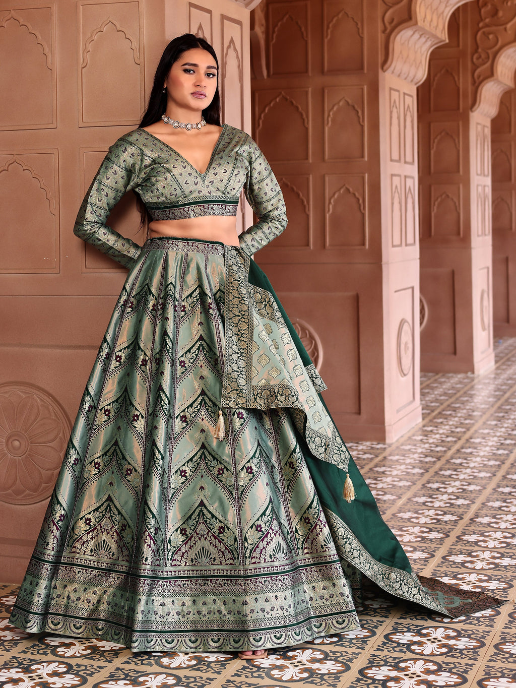 Double-Shaded Green Lehenga Choli With Zari Woven Motifs