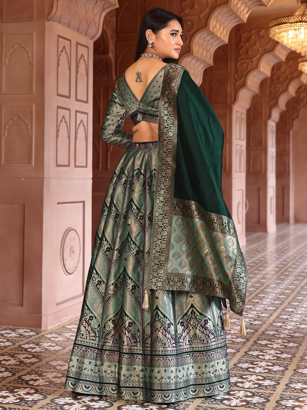 Double-Shaded Green Lehenga Choli With Zari Woven Motifs