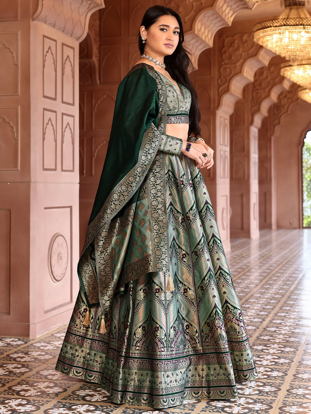 Double-Shaded Green Lehenga Choli With Zari Woven Motifs