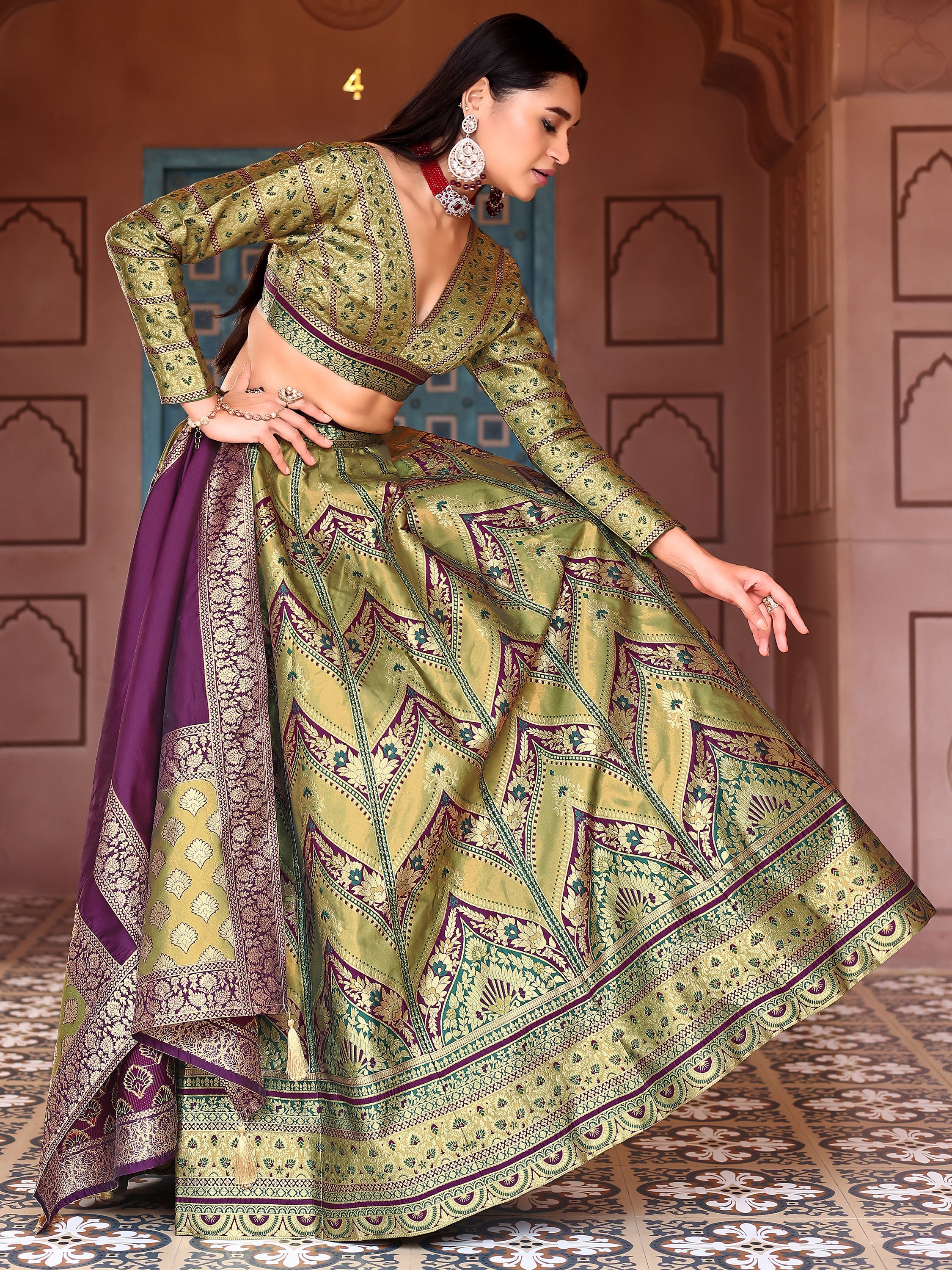Double-Shaded Mehndi Lehenga Choli With Zari Woven Motifs
