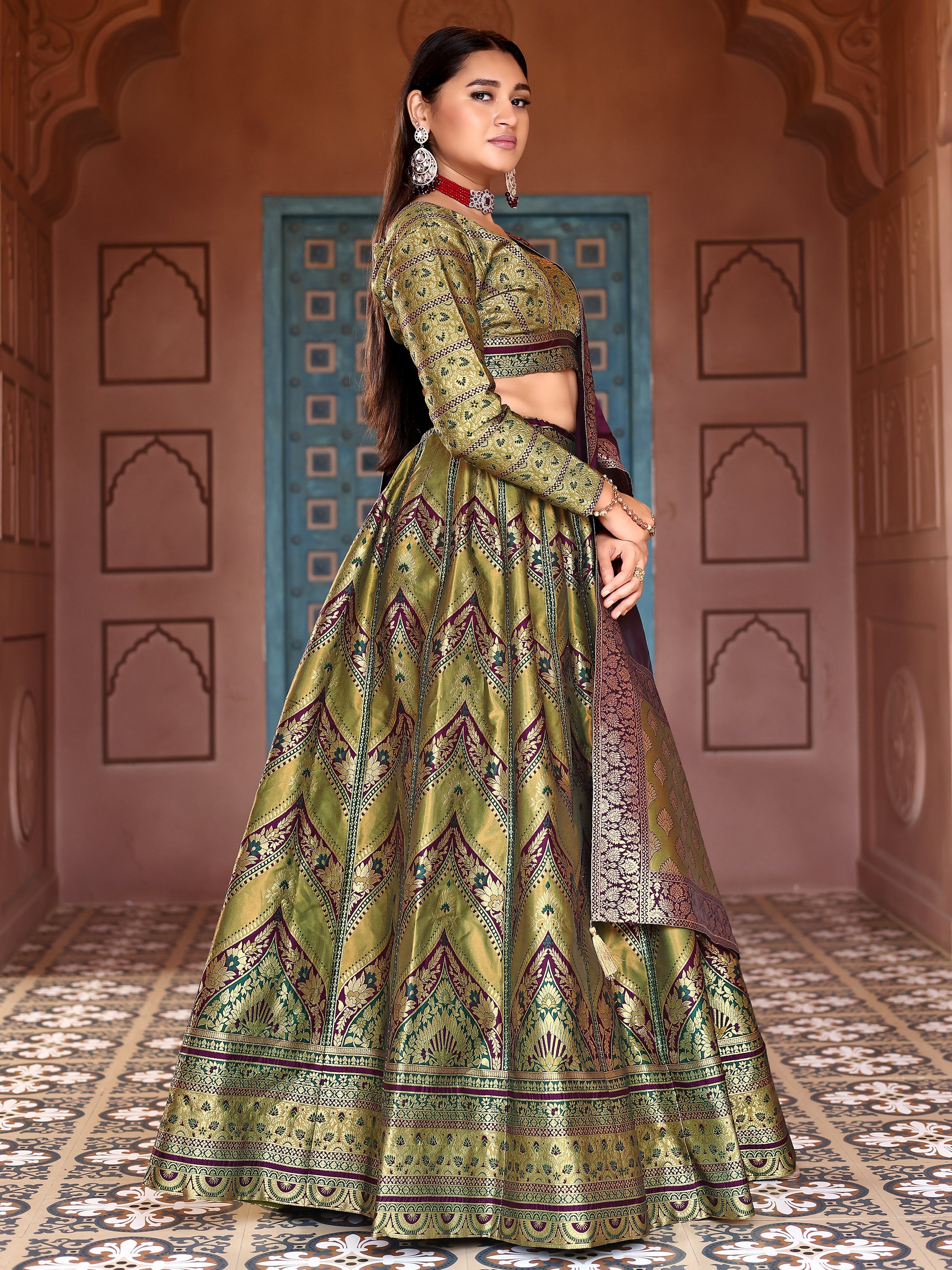Double-Shaded Mehndi Lehenga Choli With Zari Woven Motifs