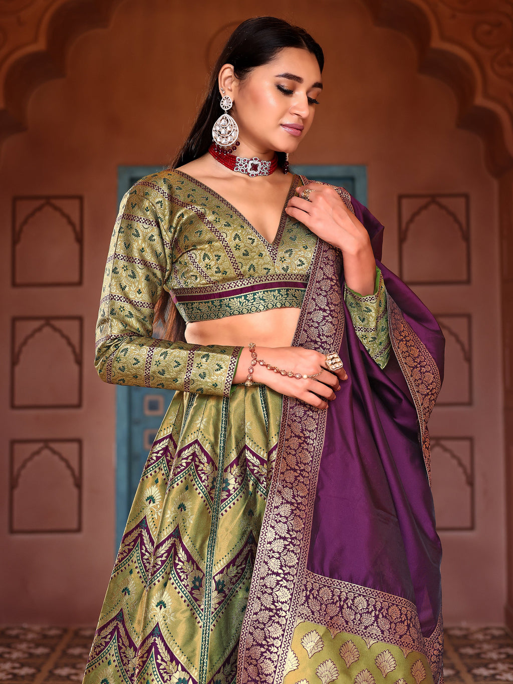 Double-Shaded Mehndi Lehenga Choli With Zari Woven Motifs