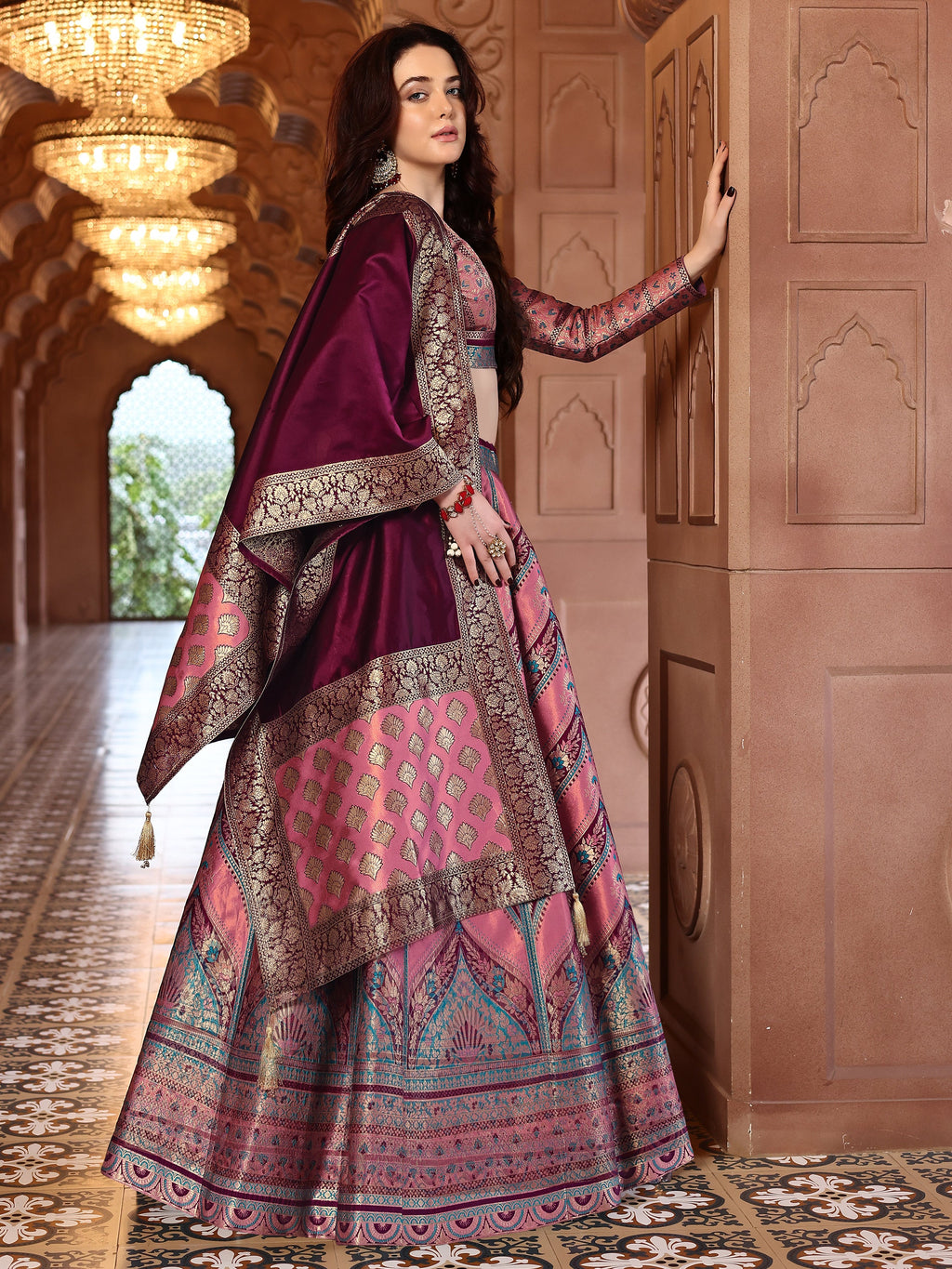 Double-Shaded Pink Lehenga Choli With Zari Woven Motifs