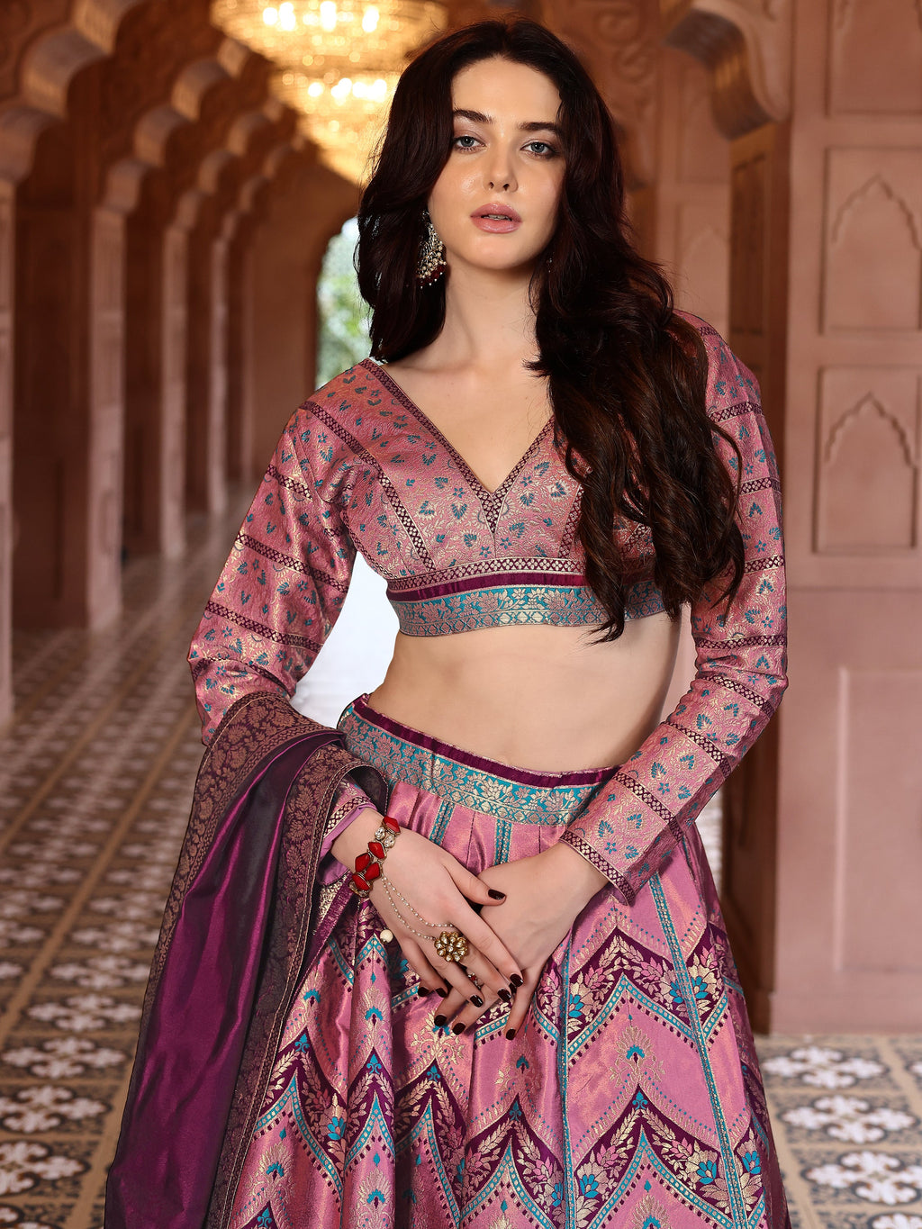 Double-Shaded Pink Lehenga Choli With Zari Woven Motifs
