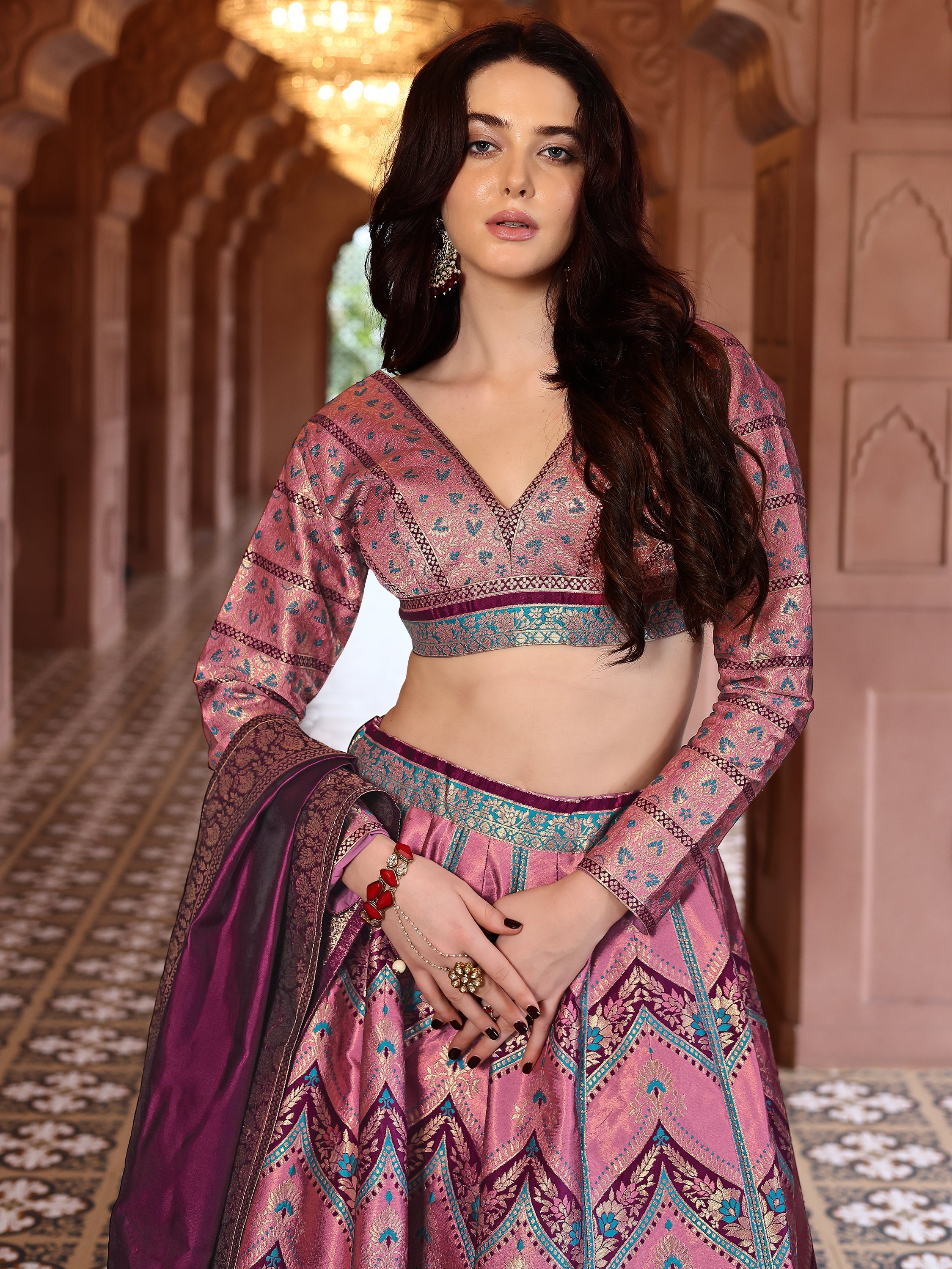 Double-Shaded Pink Lehenga Choli With Zari Woven Motifs