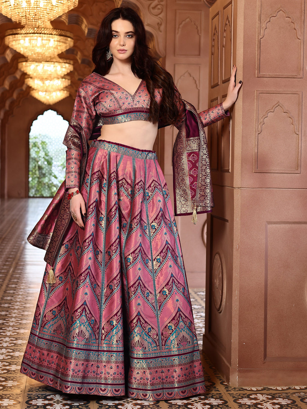 Double-Shaded Pink Lehenga Choli With Zari Woven Motifs