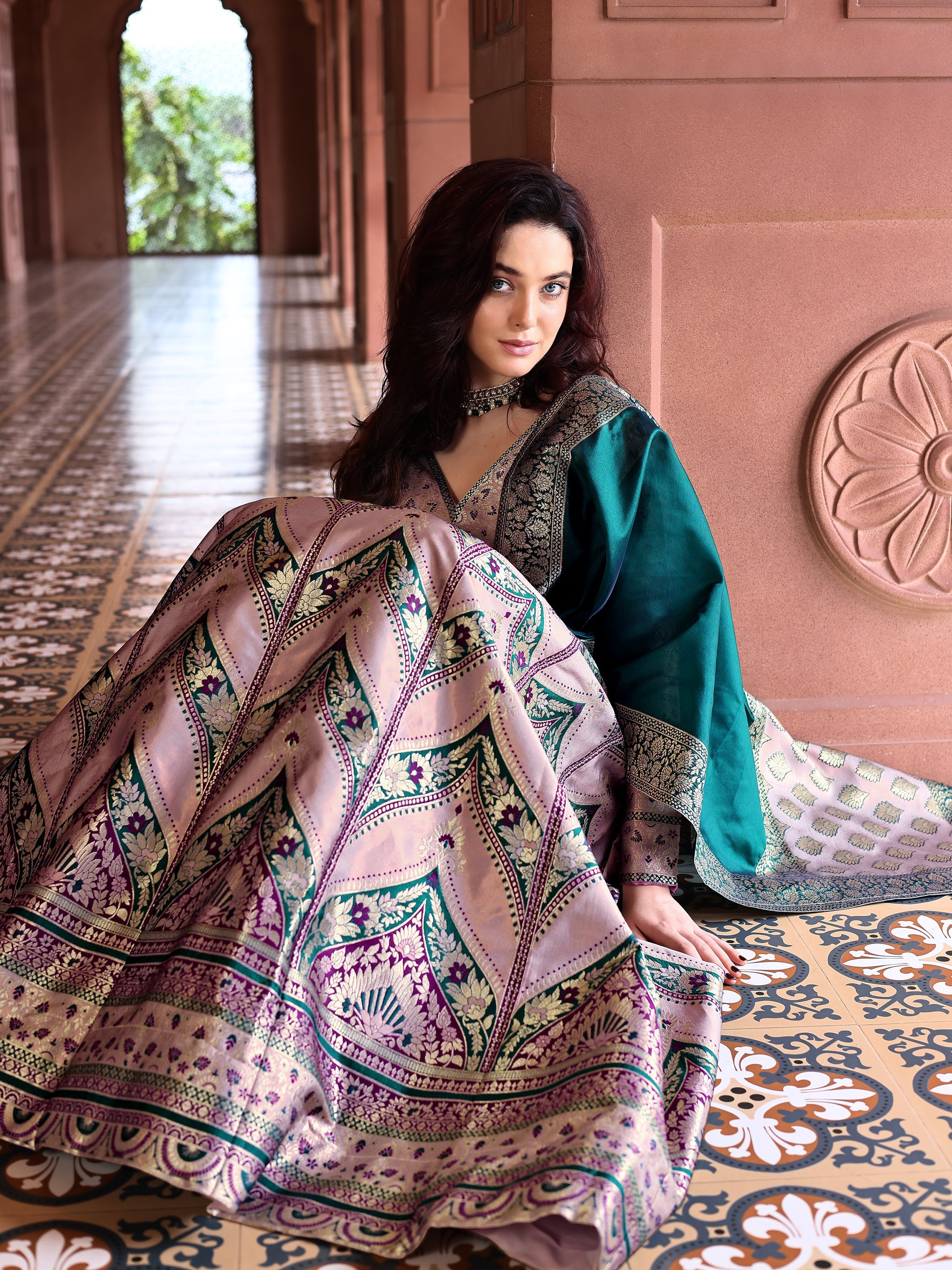 Double-Shaded Rose Lehenga Choli With Zari Woven Motifs