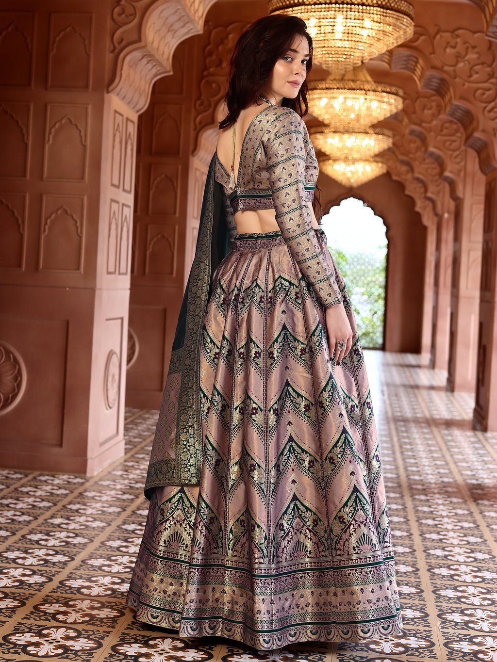 Double-Shaded Rose Lehenga Choli With Zari Woven Motifs