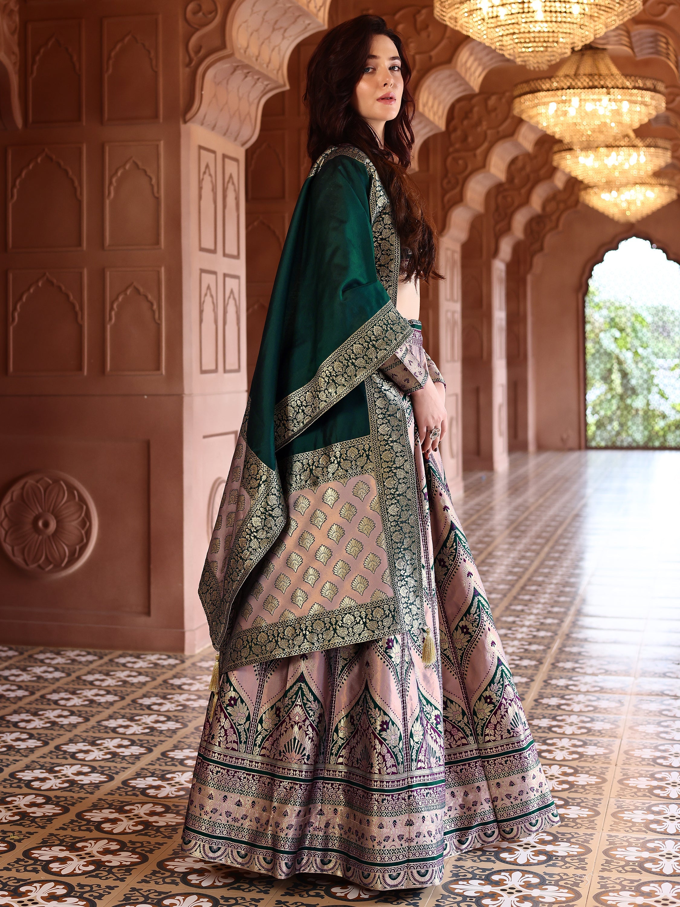 Double-Shaded Rose Lehenga Choli With Zari Woven Motifs