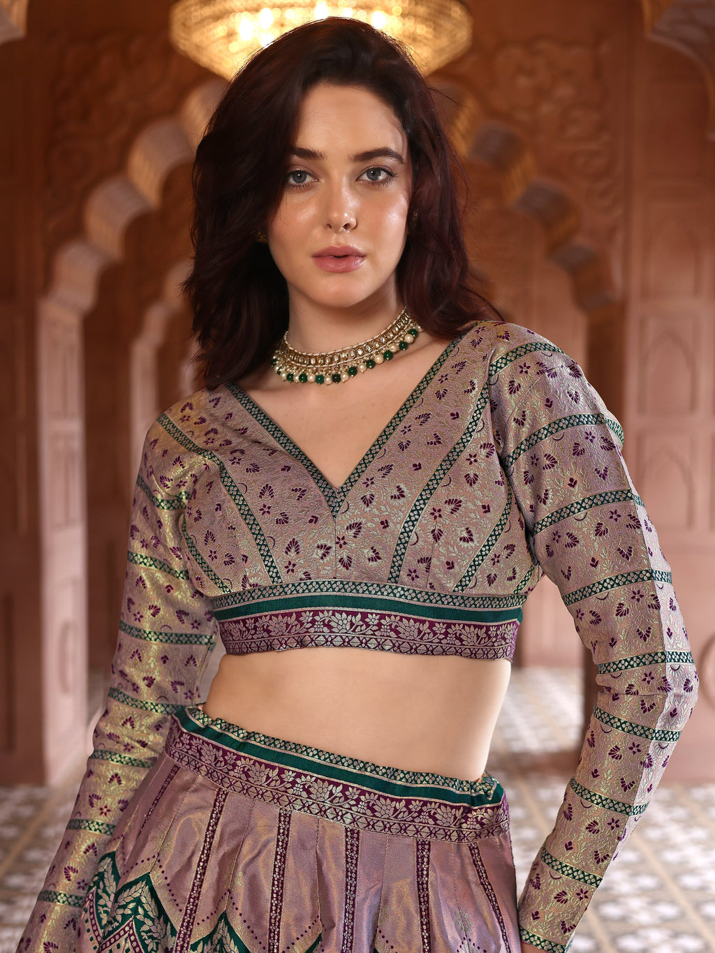 Double-Shaded Rose Lehenga Choli With Zari Woven Motifs