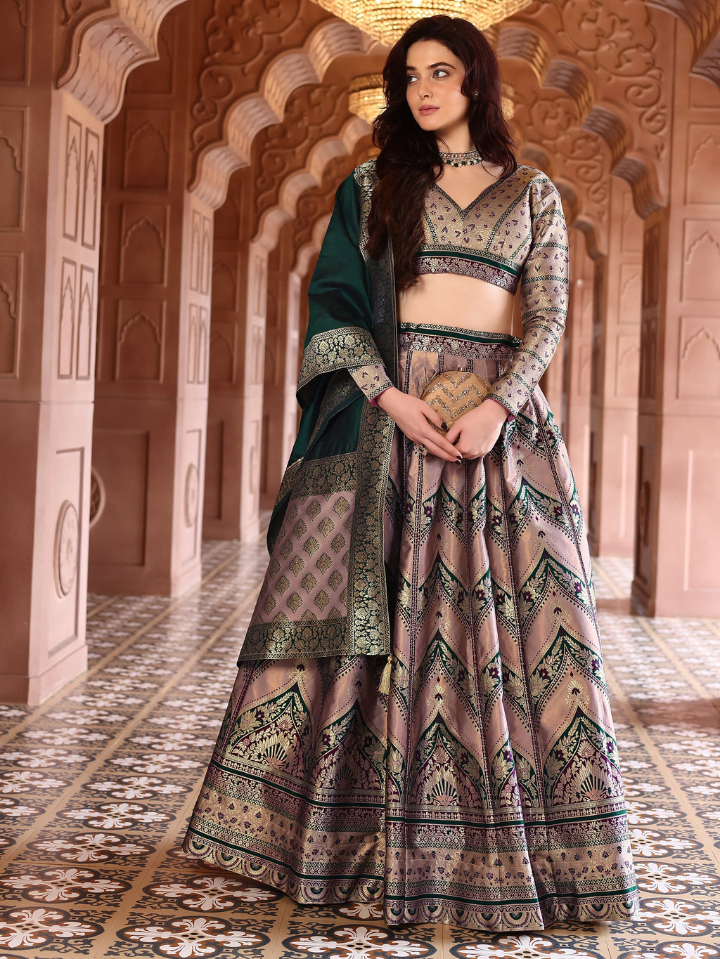 Double-Shaded Rose Lehenga Choli With Zari Woven Motifs