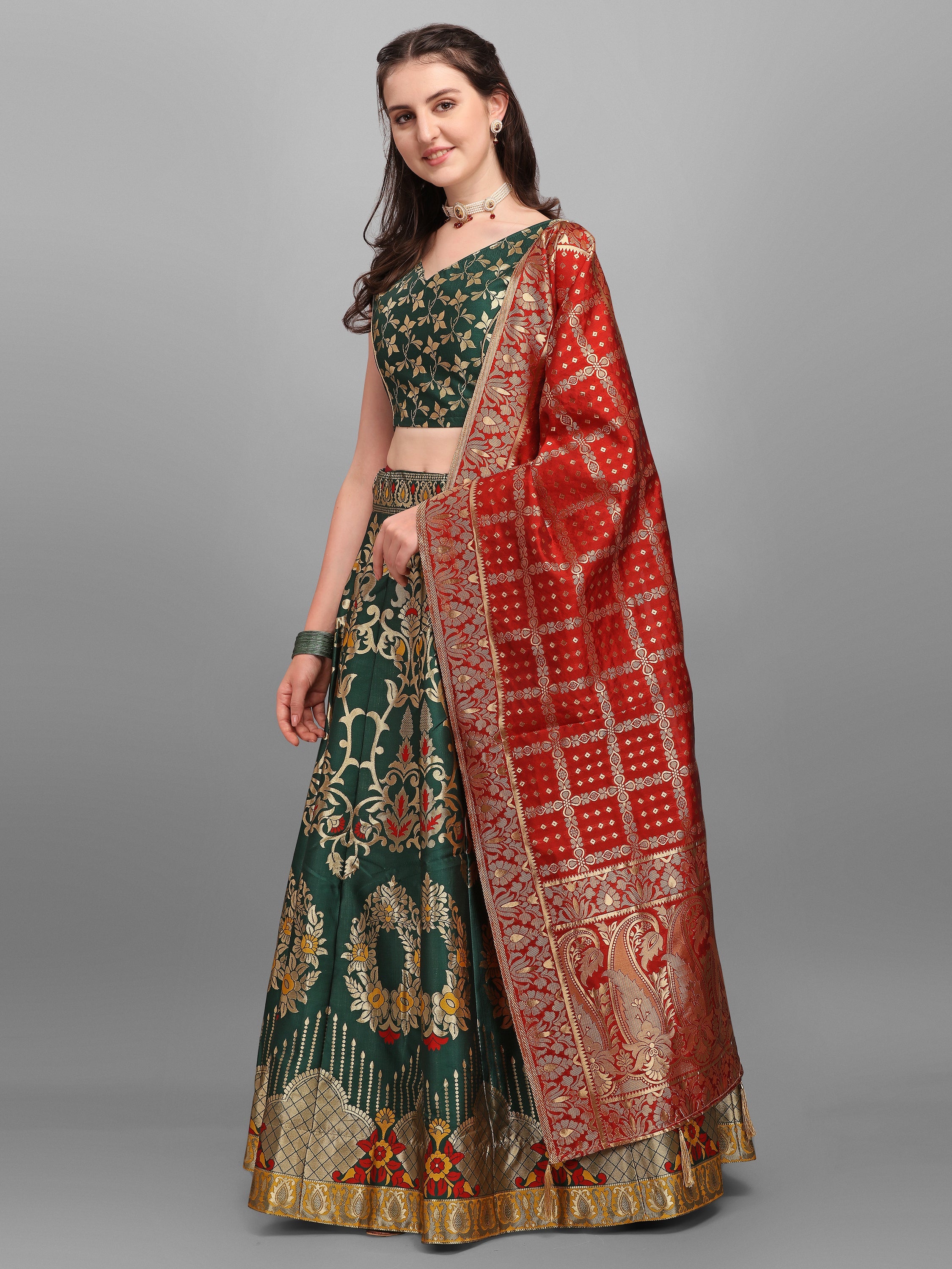 Dark Green Flared Lehenga Choli with Dupatta