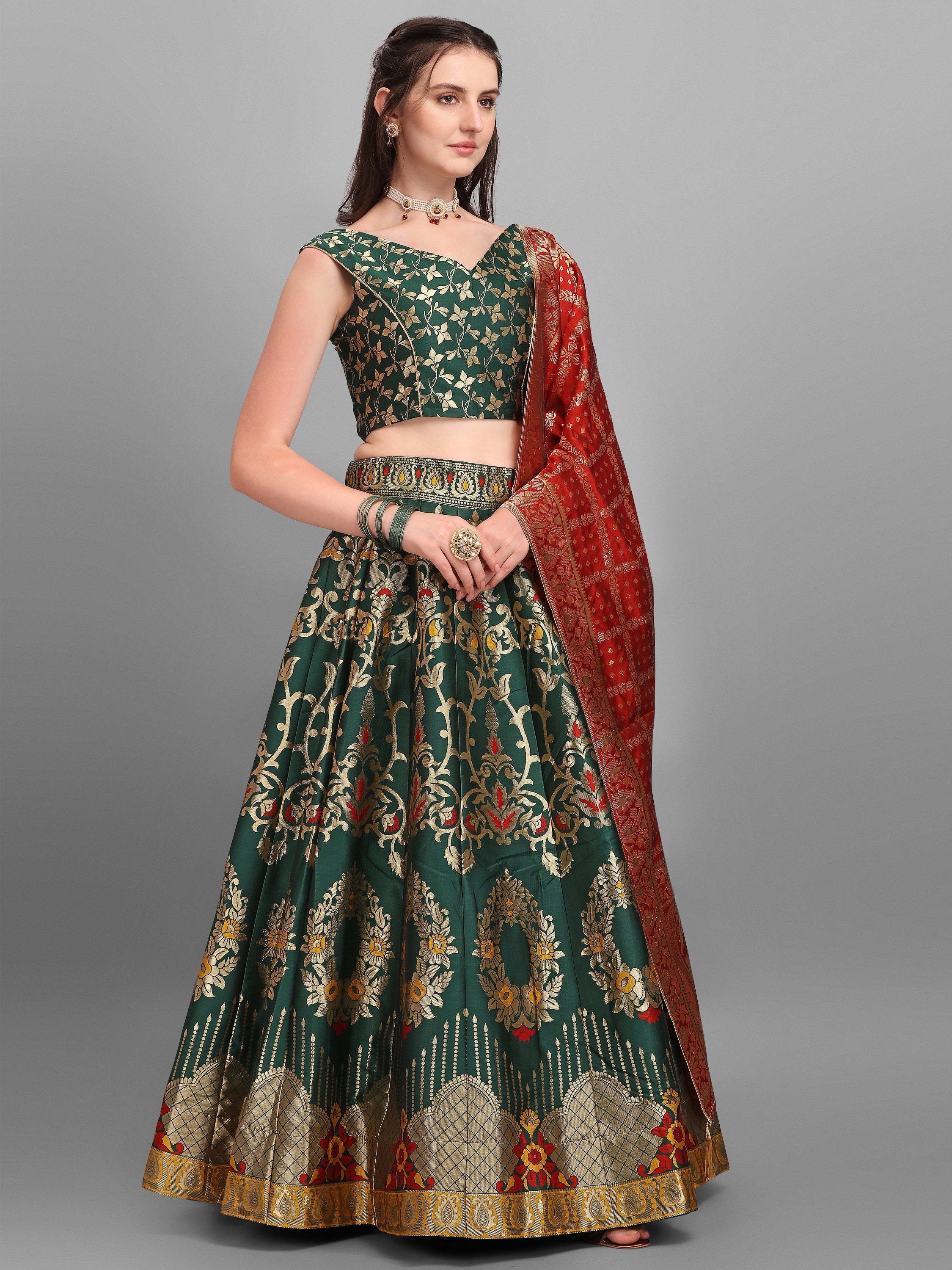 Dark Green Flared Lehenga Choli with Dupatta