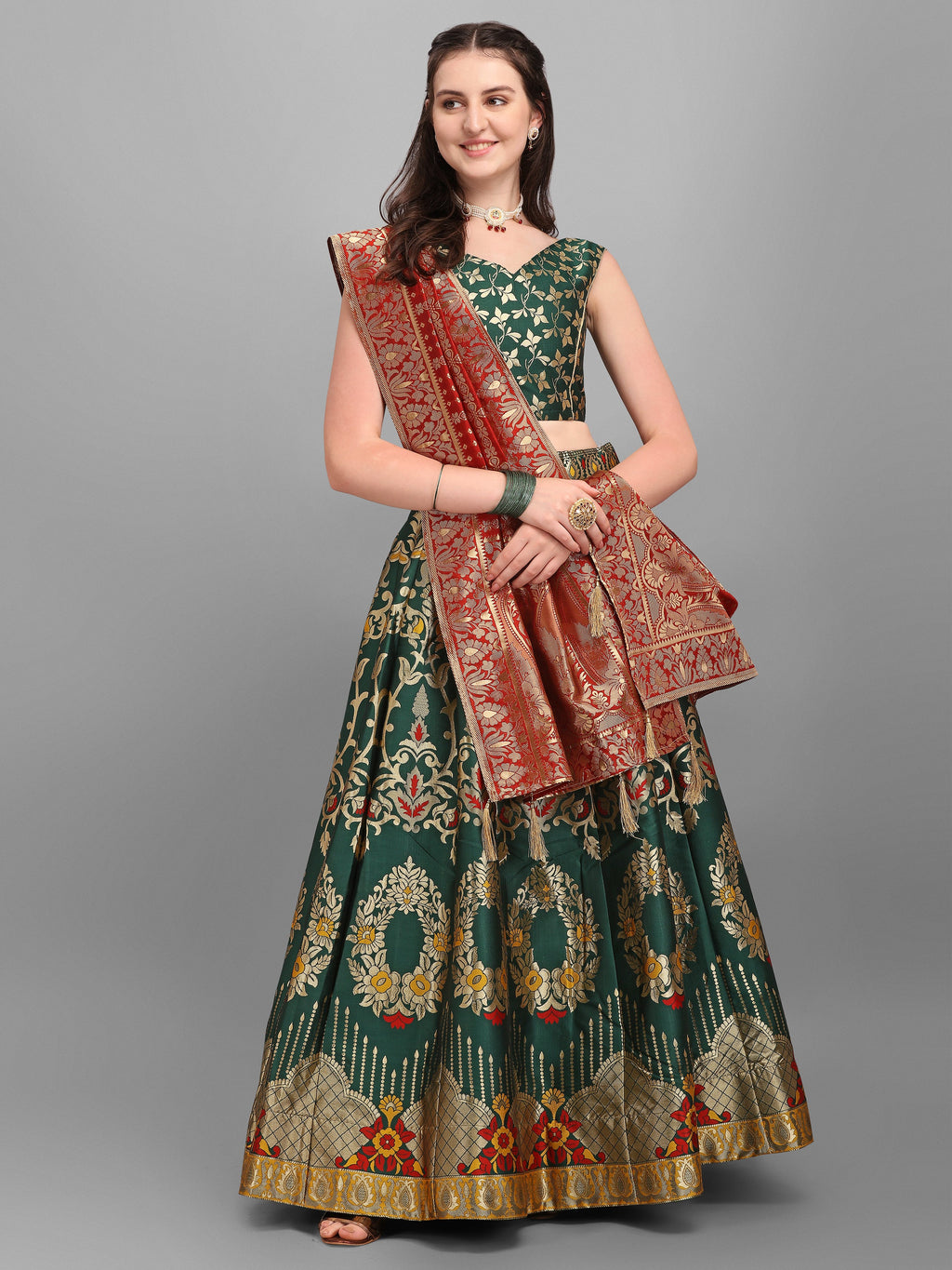 Dark Green Flared Lehenga Choli with Dupatta
