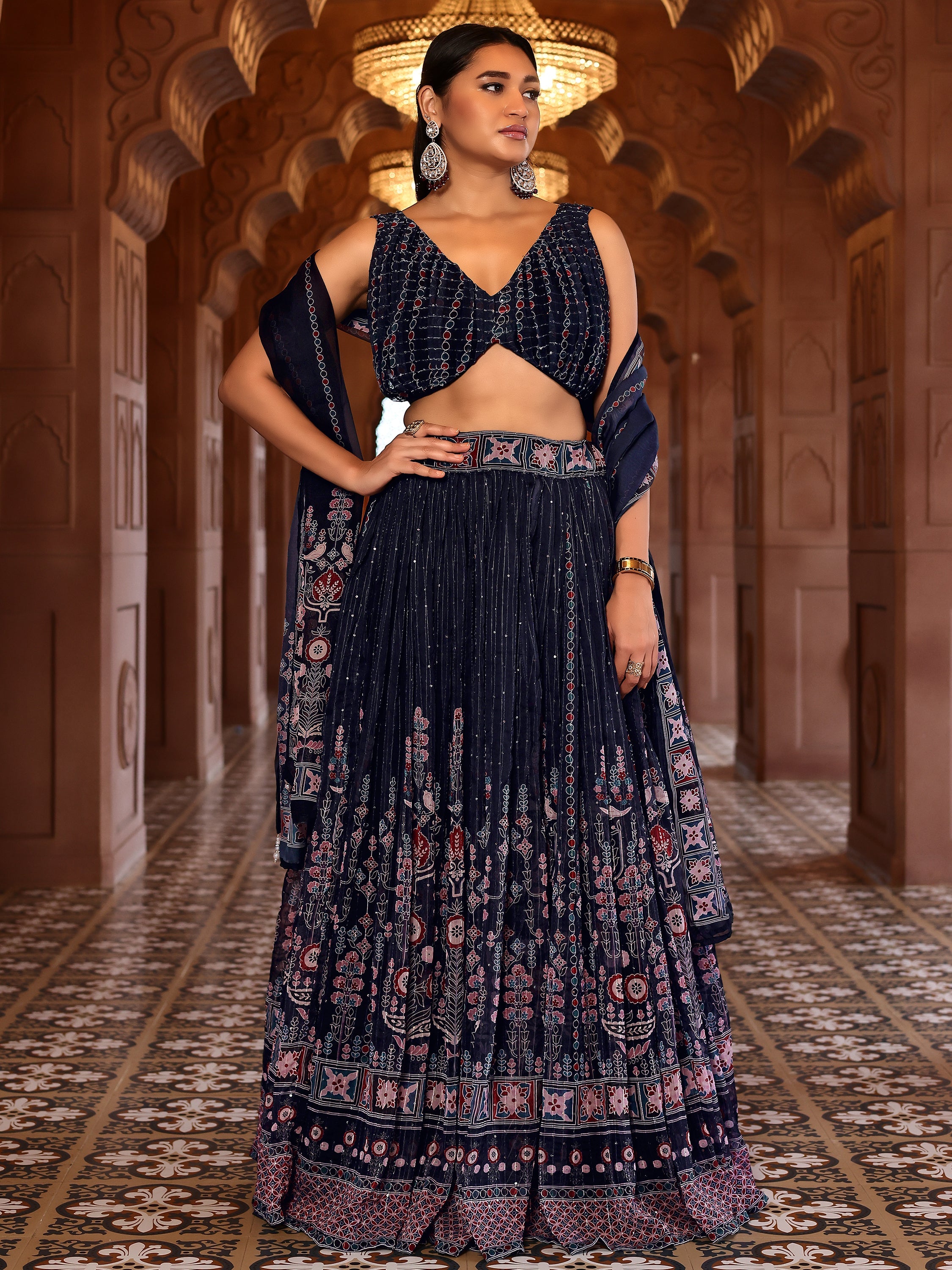 Chiffon Printed With Crochet Work Navy Blue Lehenga Choli