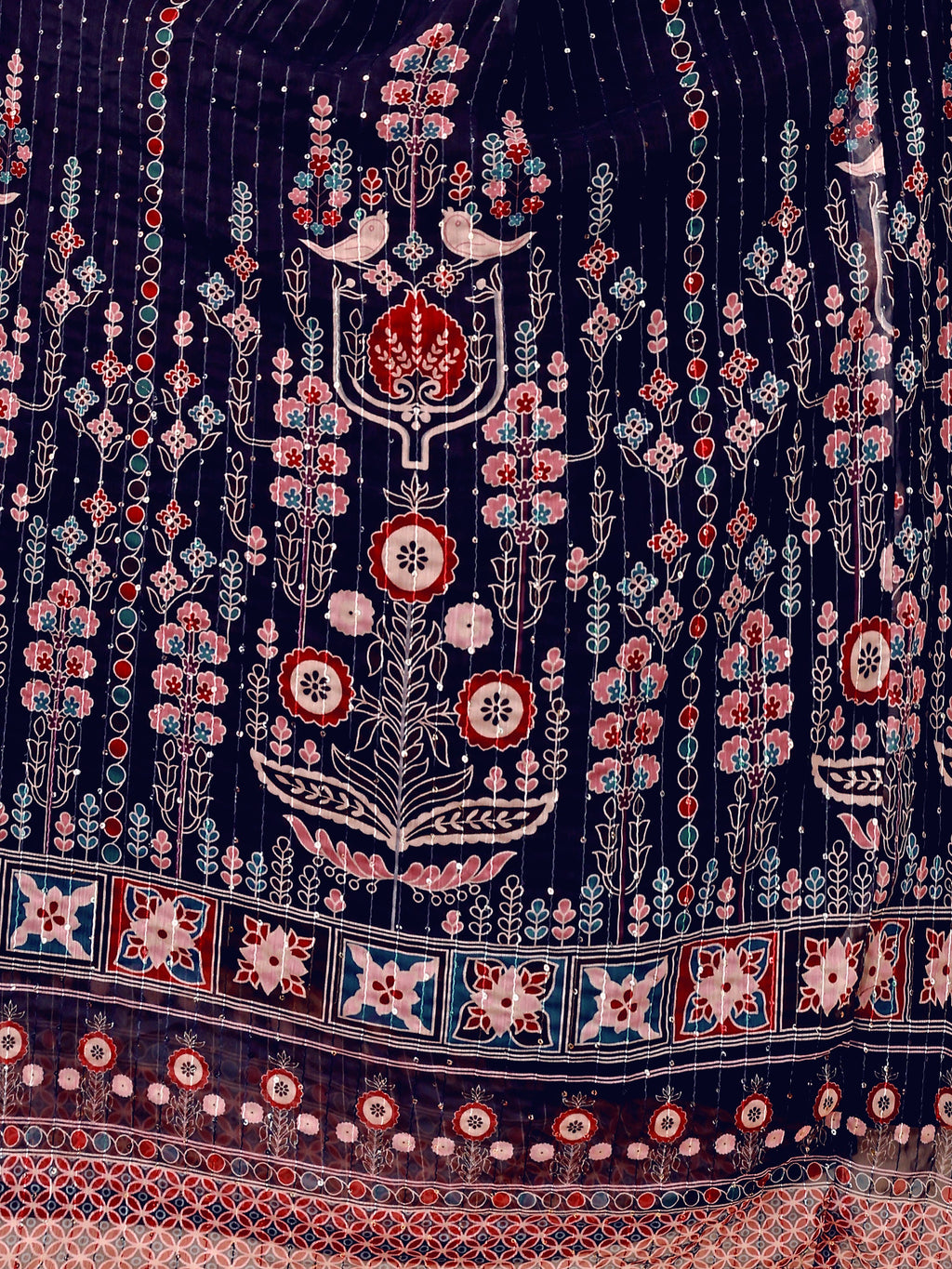 Chiffon Printed With Crochet Work Navy Blue Lehenga Choli