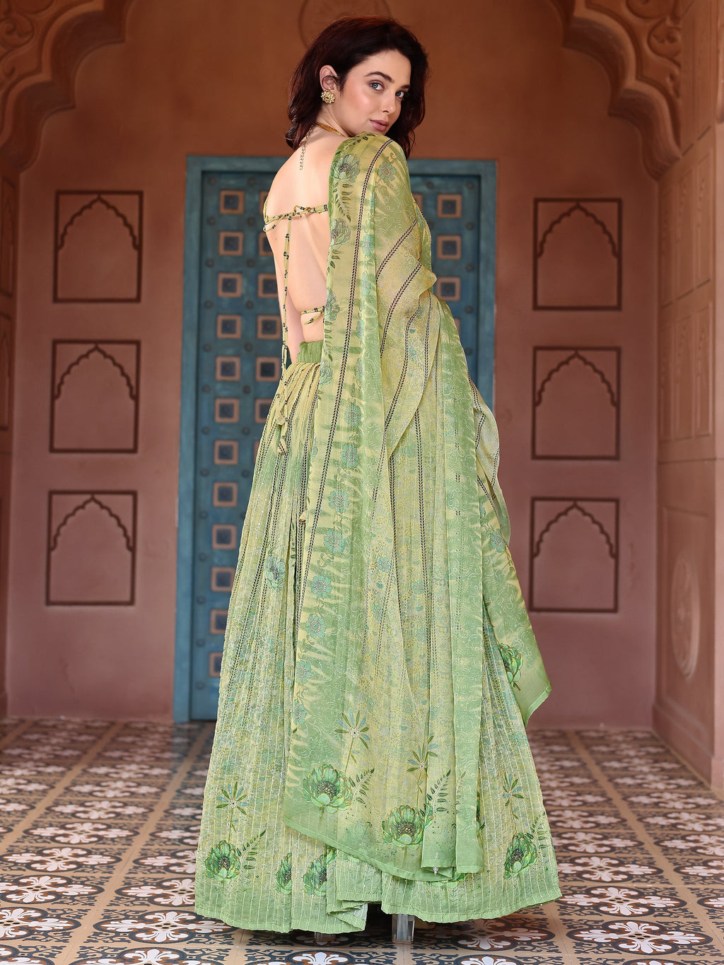 Chiffon Printed With Crochet Work Parrot Lehenga Choli