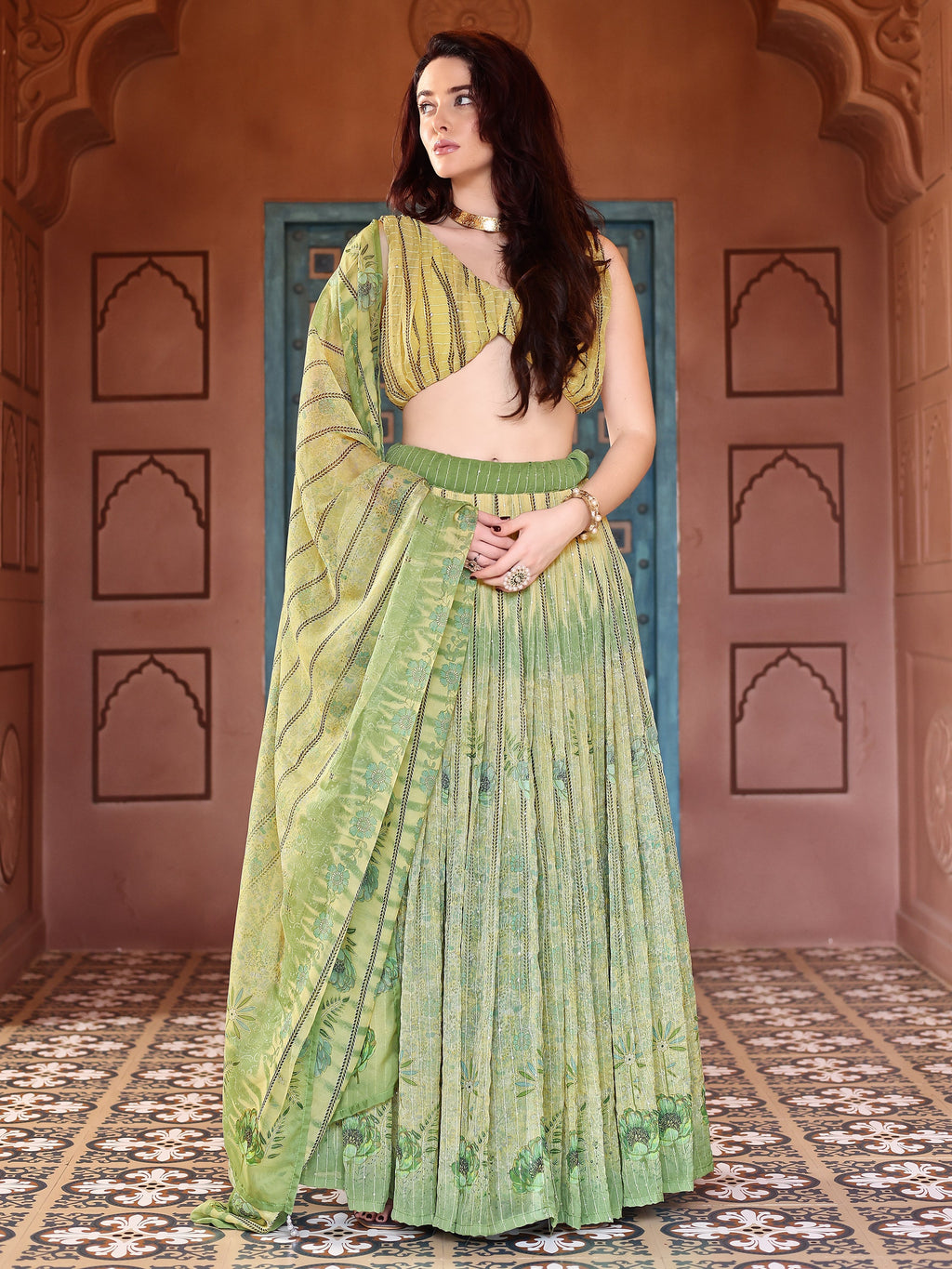 Chiffon Printed With Crochet Work Parrot Lehenga Choli