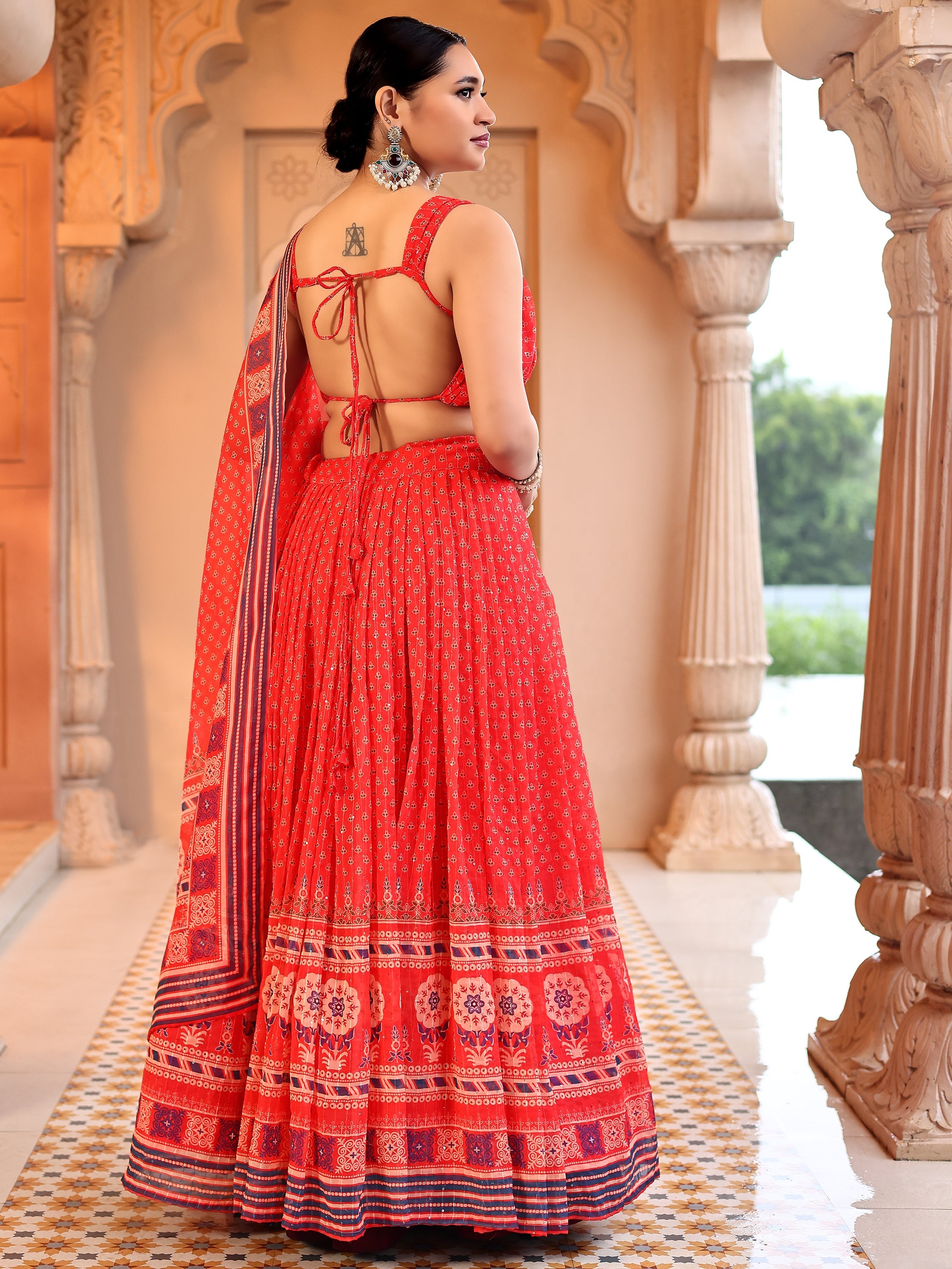 Chiffon Printed With Crochet Work Red Lehenga Choli