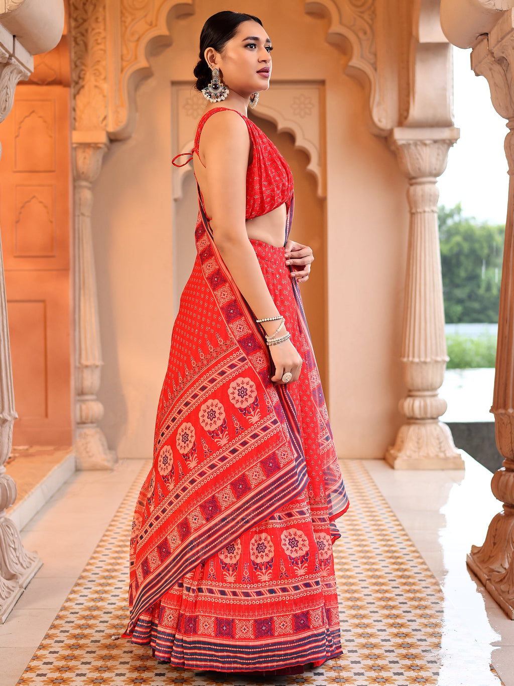 Chiffon Printed With Crochet Work Red Lehenga Choli