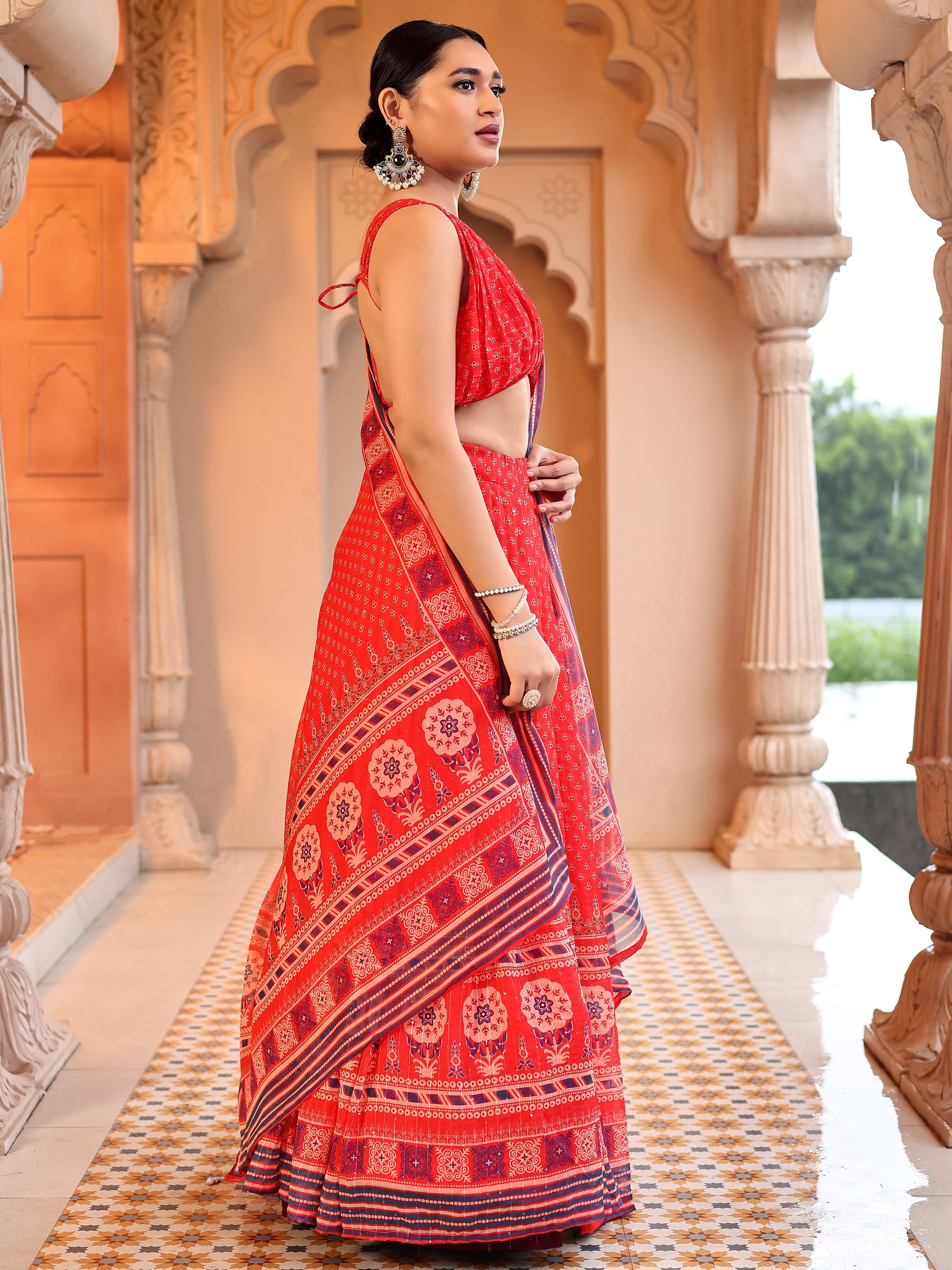 Chiffon Printed With Crochet Work Red Lehenga Choli