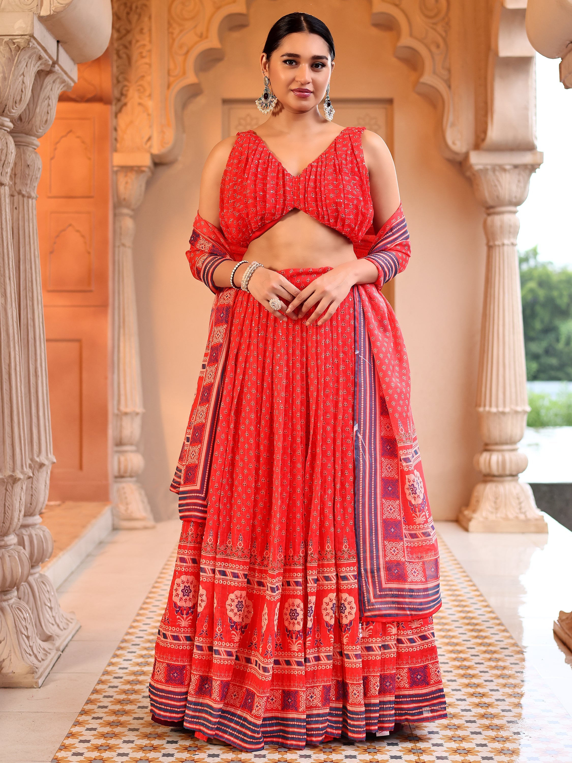 Chiffon Printed With Crochet Work Red Lehenga Choli