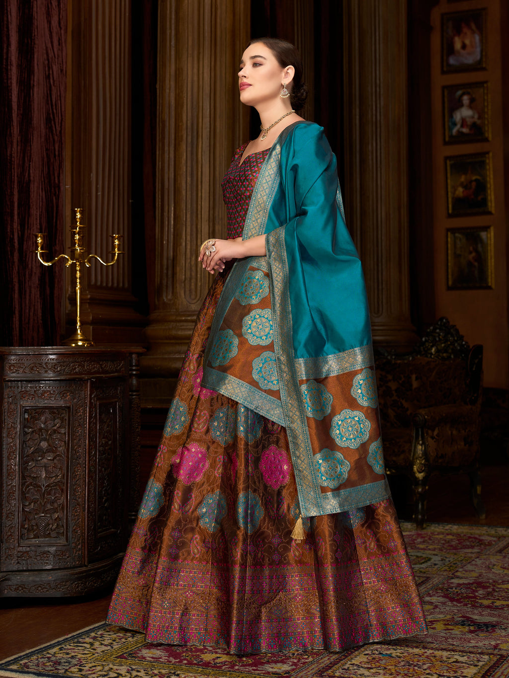 Women's Brown Kanjiwaram Lehengas