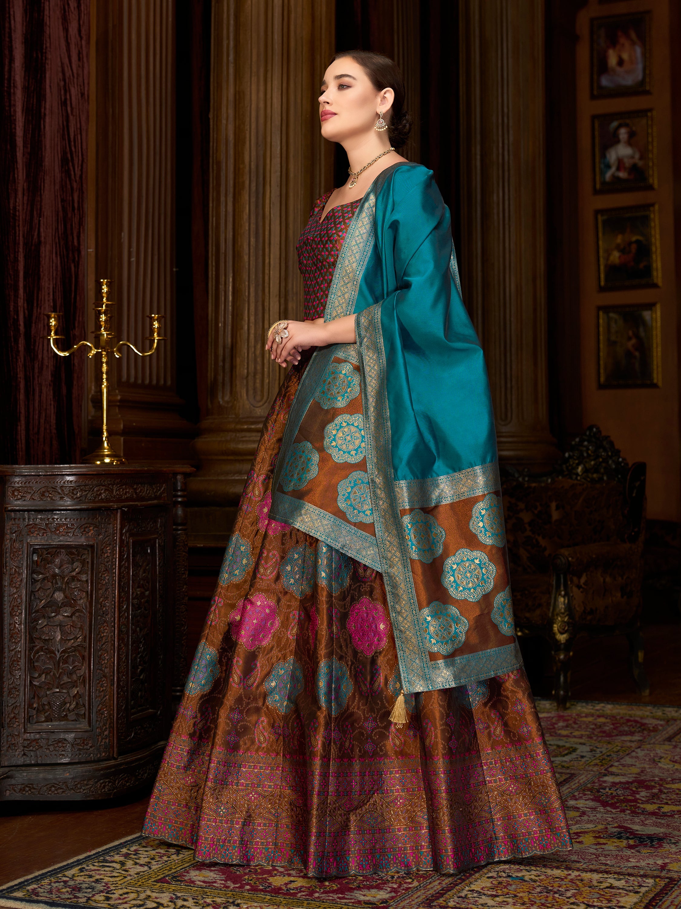 Women's Brown Kanjiwaram Lehengas