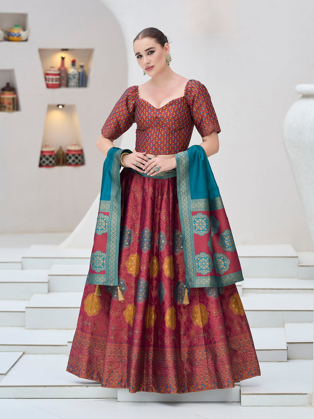 Women's Cherry Kanjiwaram Lehengas