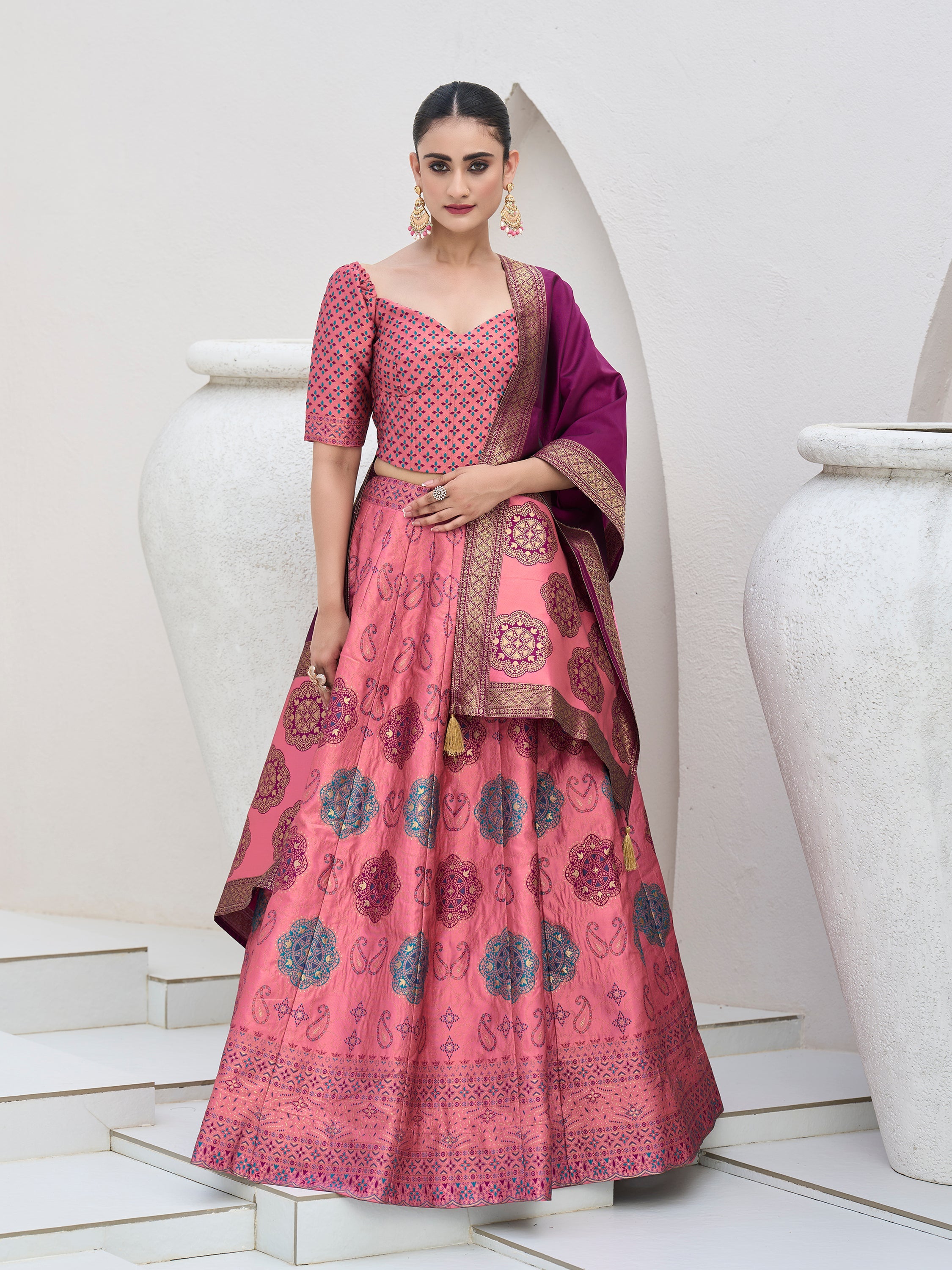 Women's Pink Kanjiwaram Lehengas