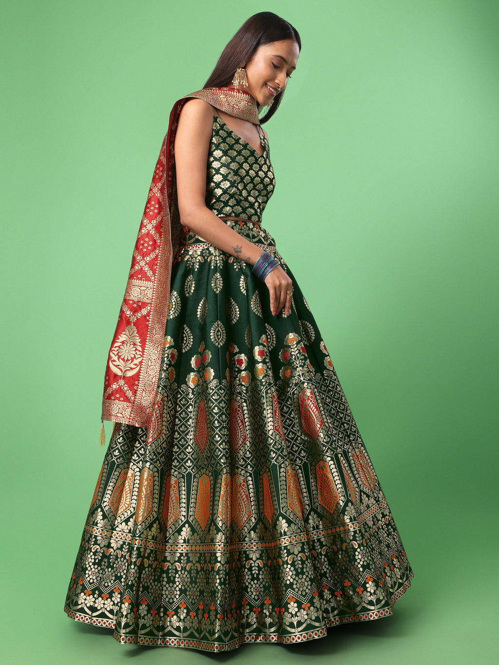 Woven Design Dark Green Semi-Stitched Lehenga Choli