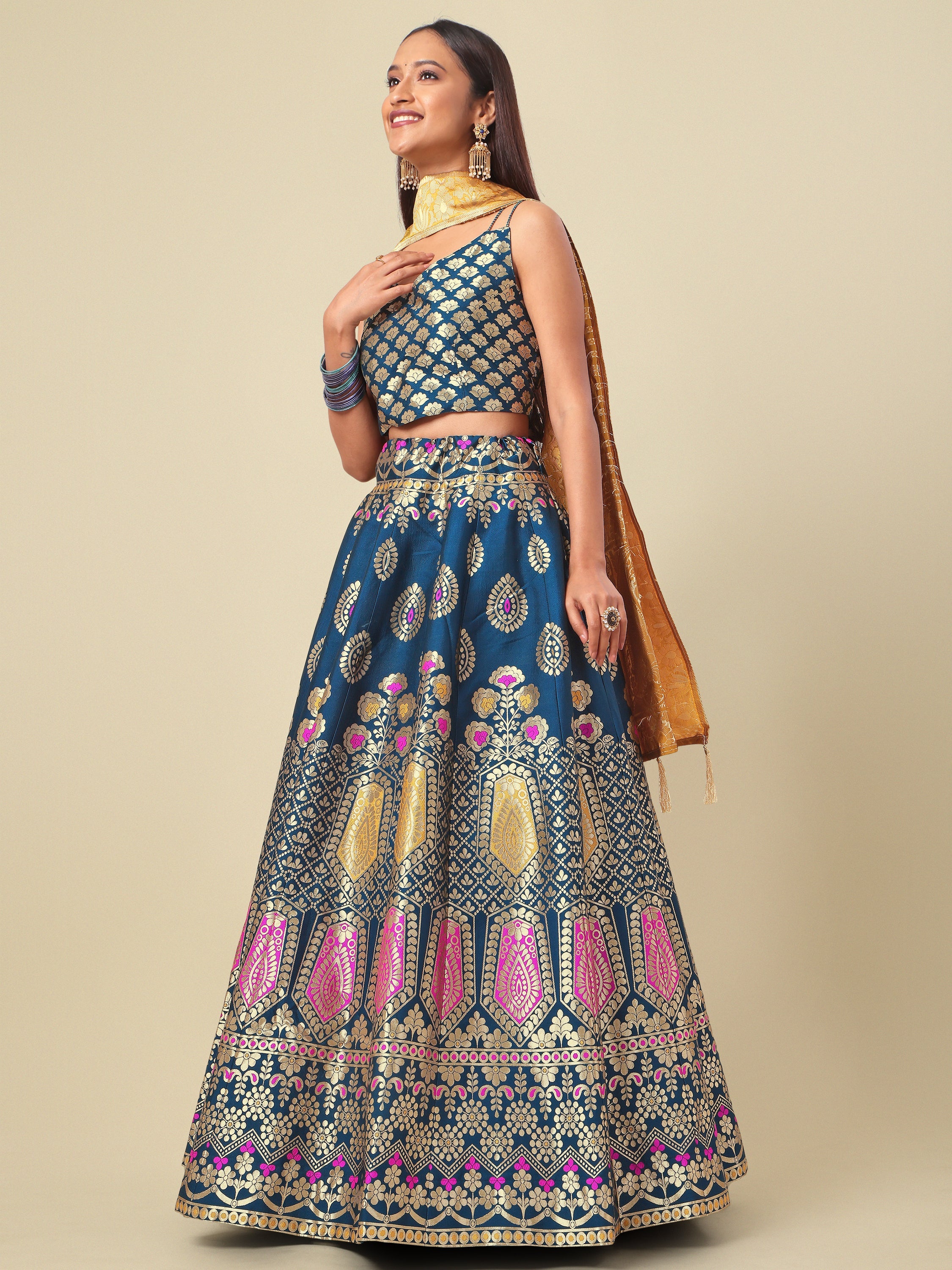 Woven Design Rama Semi-Stitched Lehenga Choli