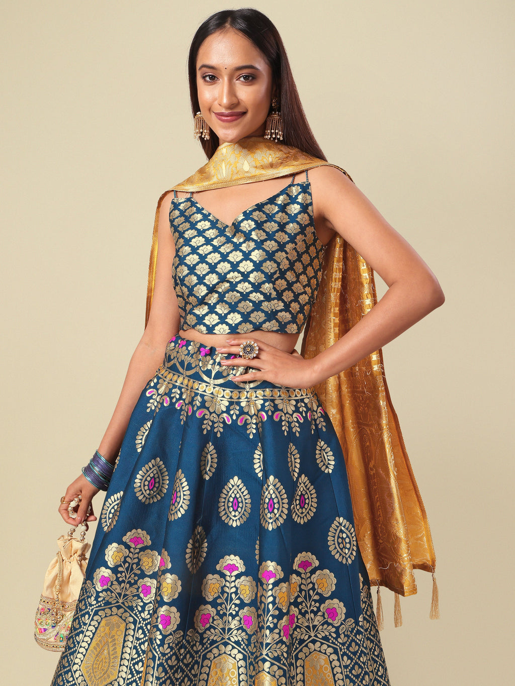 Woven Design Rama Semi-Stitched Lehenga Choli