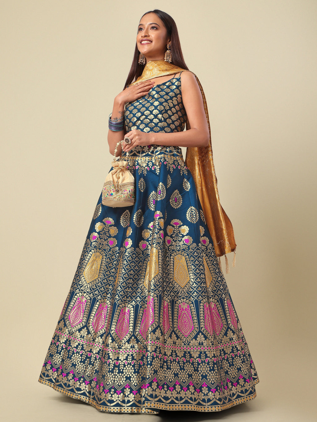 Woven Design Rama Semi-Stitched Lehenga Choli