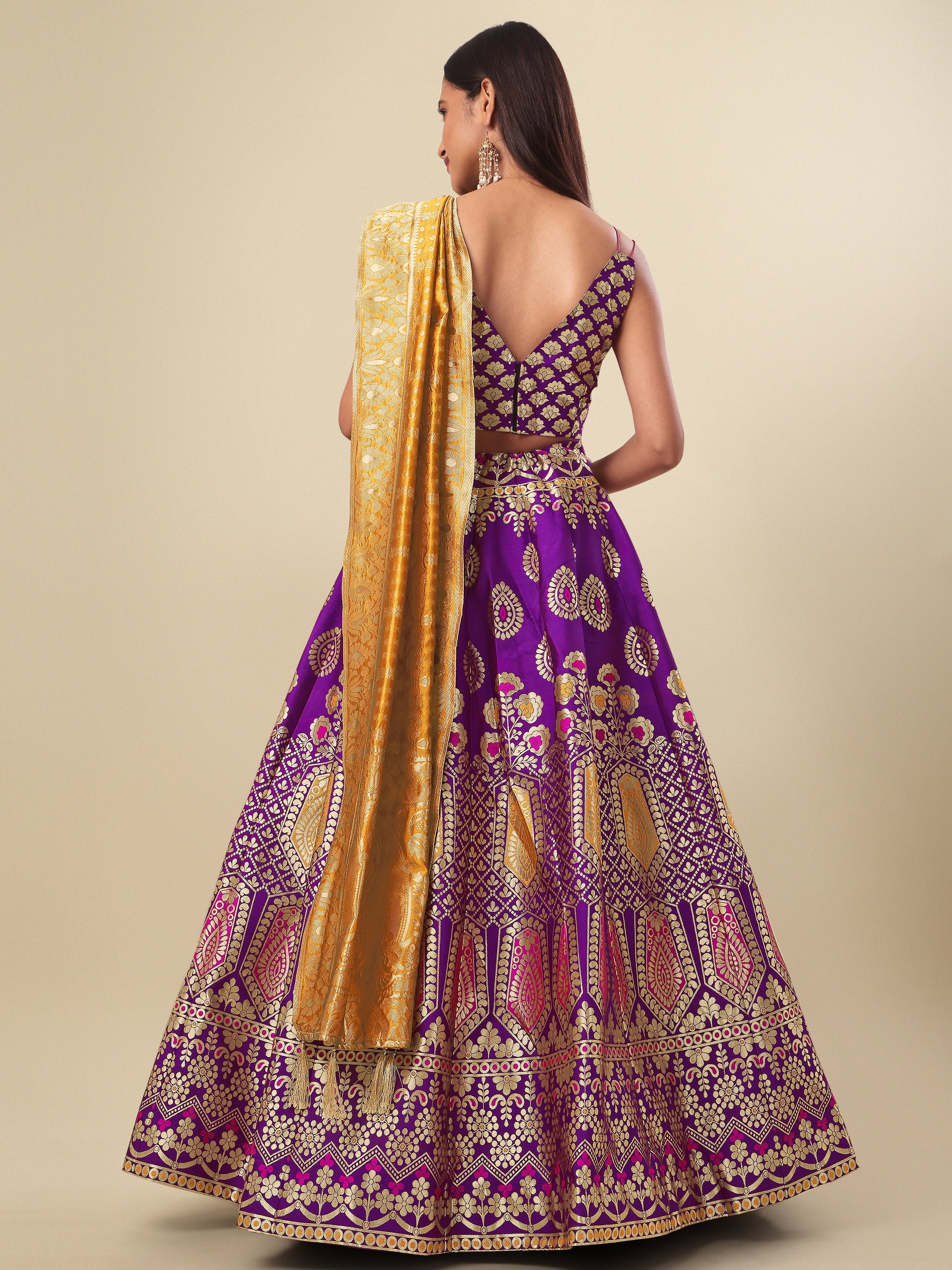 Woven Design Wine Semi-Stitched Lehenga Choli