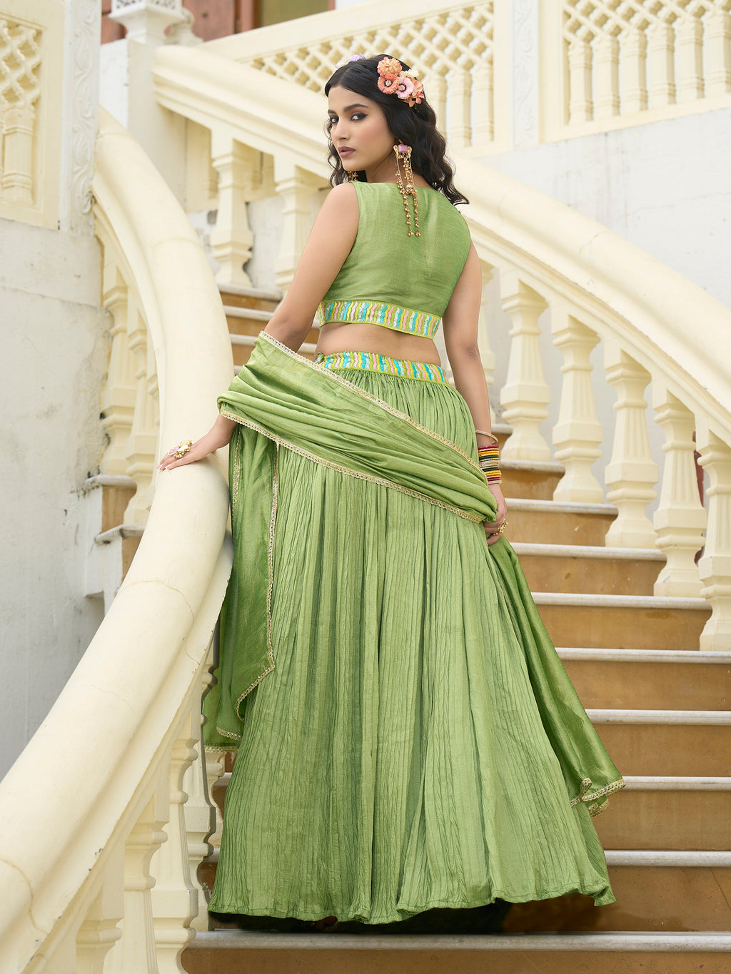 Women Lime Silk Crape Lehengas