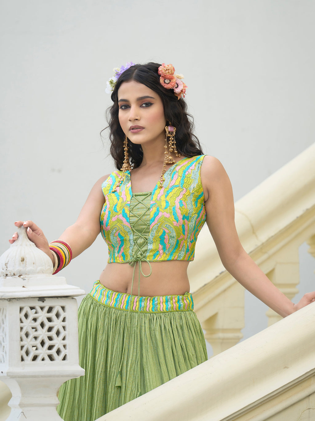 Women Lime Silk Crape Lehengas