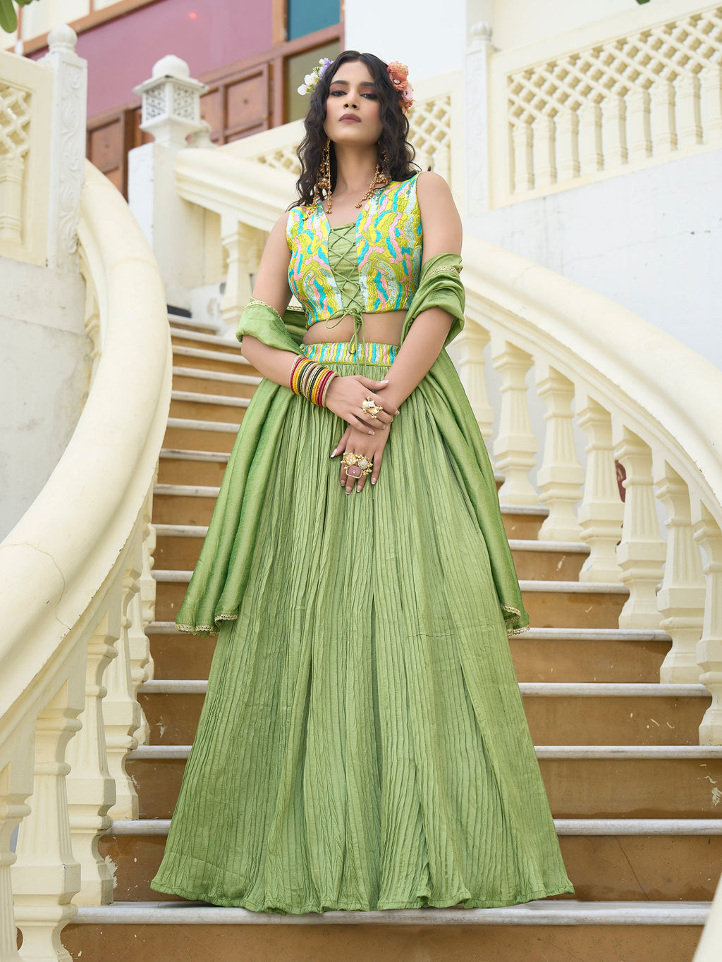 Women Lime Silk Crape Lehengas