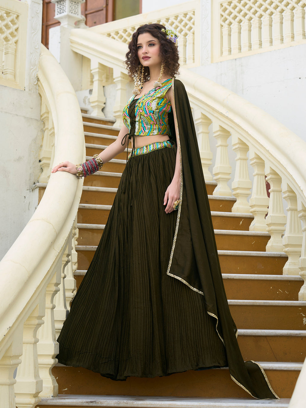 Women Olive Silk Crape Lehengas