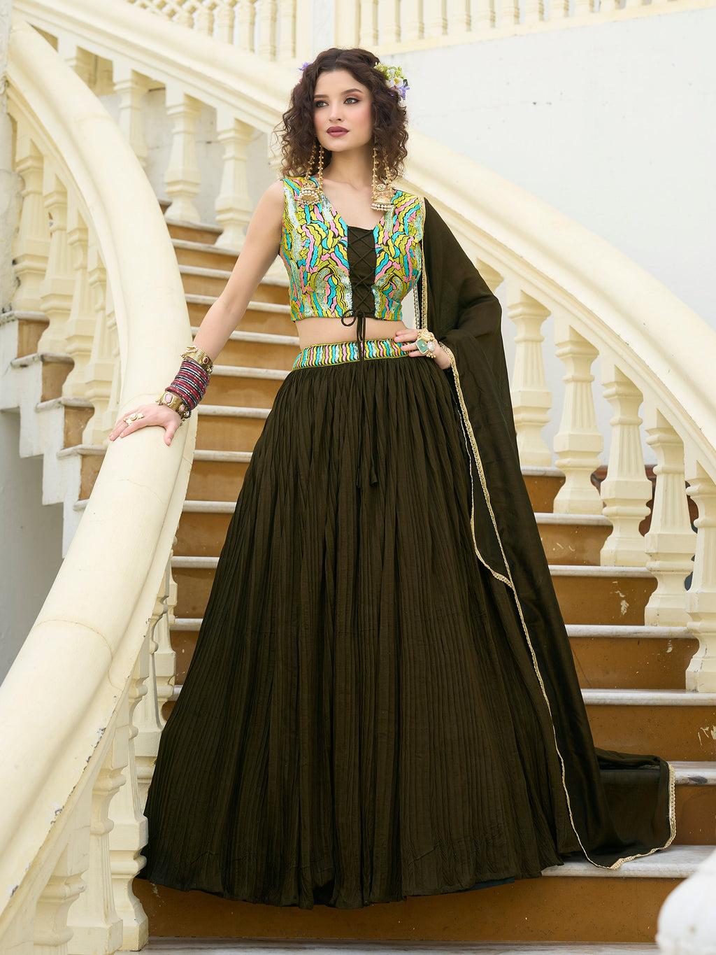 Women Olive Silk Crape Lehengas