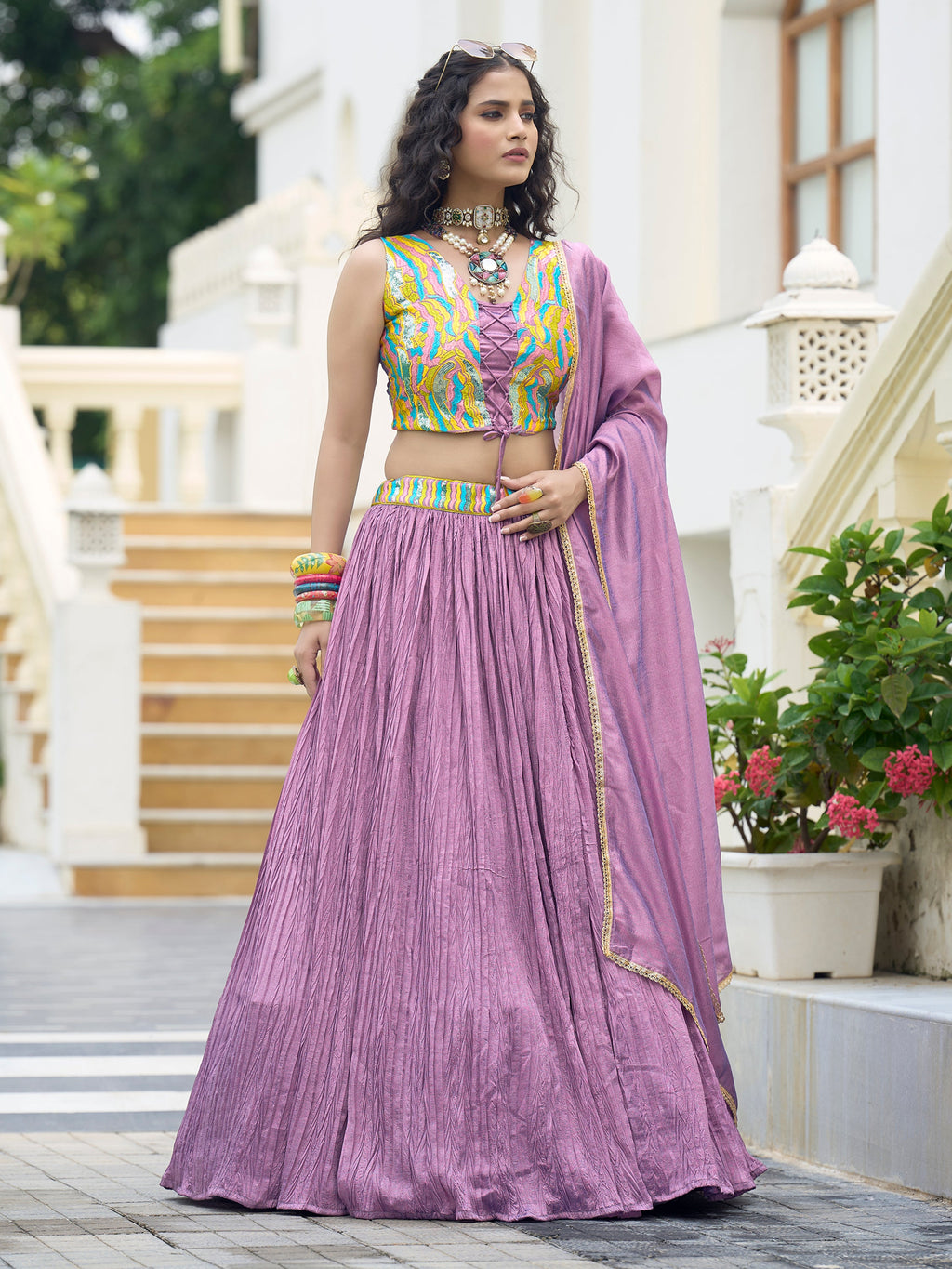 Women Purple Silk Crape Lehengas